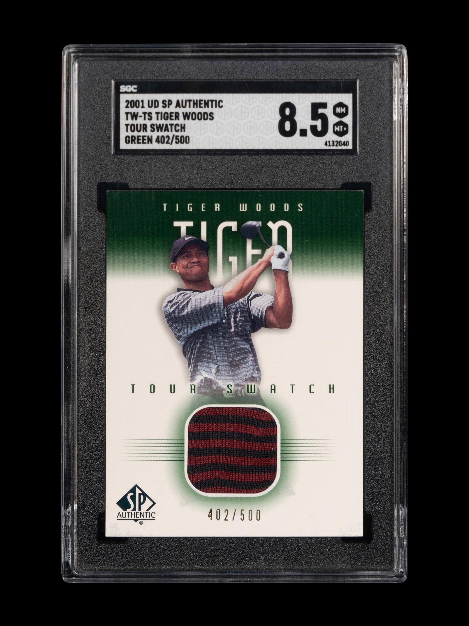 A 2001 Upper Deck SP Authentic Tiger Woods Tour Swatch TW-TS Green 402/500 Rookie Golf Card (SGC 8.5 NM-MT+)