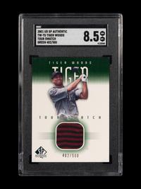 A 2001 Upper Deck SP Authentic Tiger Woods Tour Swatch TW-TS Green 402/500 Rookie Golf Card (SGC 8.5 NM-MT+)