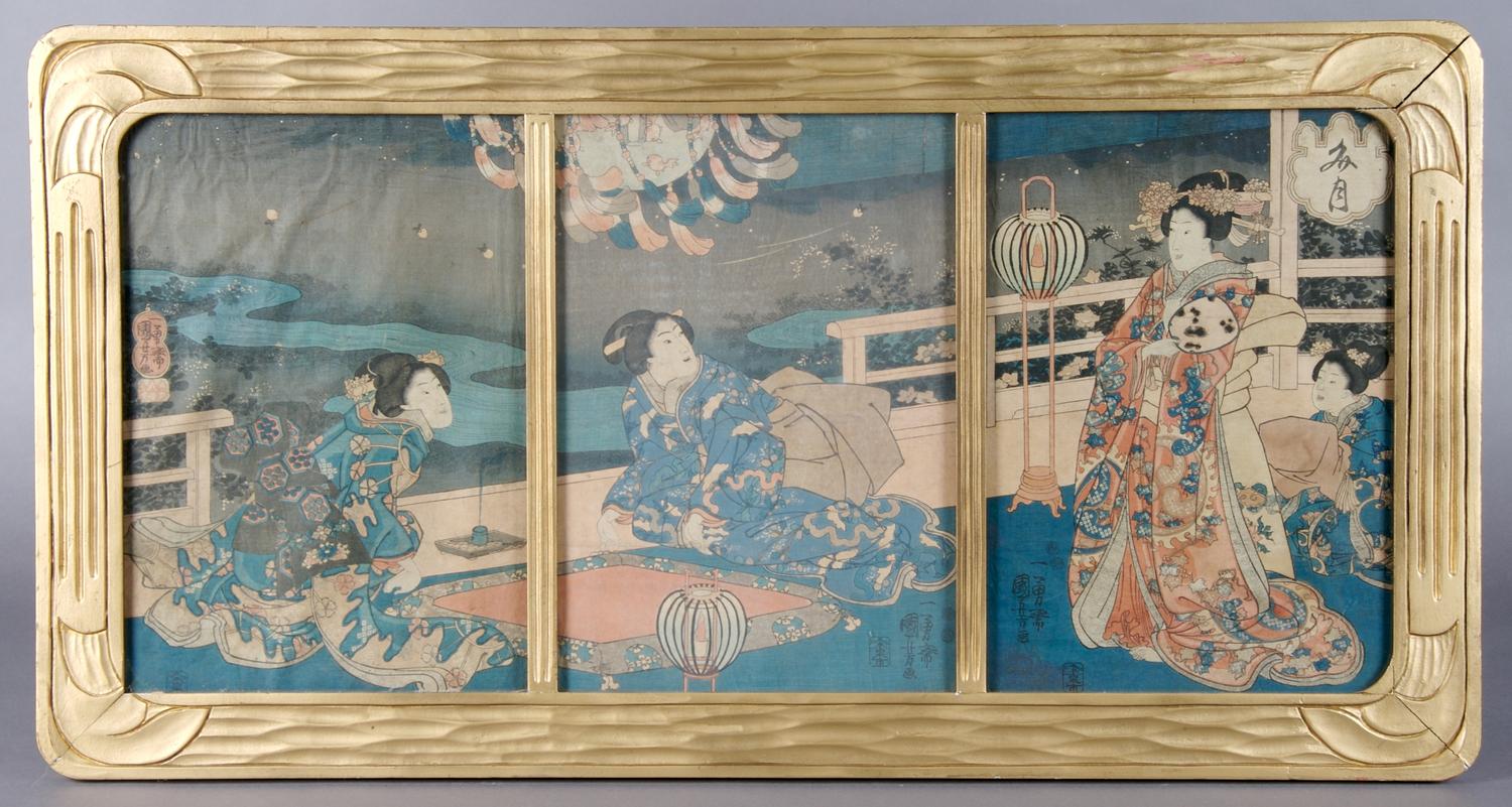 A Japanese Woodblock Triptych, Height 13 1/2 x width 9 1/4 inches each.