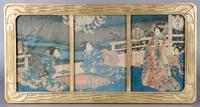 A Japanese Woodblock Triptych, Height 13 1/2 x width 9 1/4 inches each.