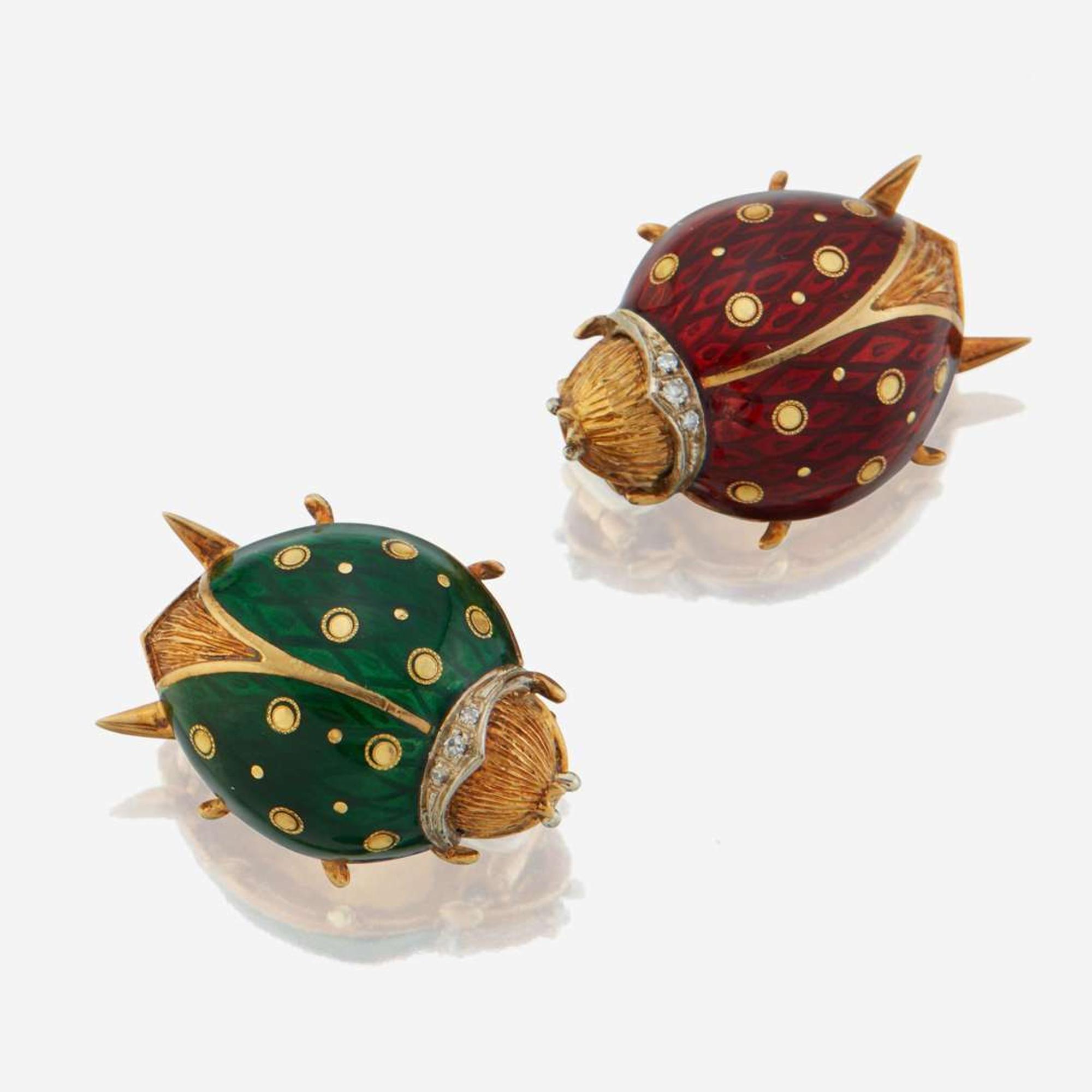 A pair of gold and enamel brooches, Van Cleef & Arpel Italy