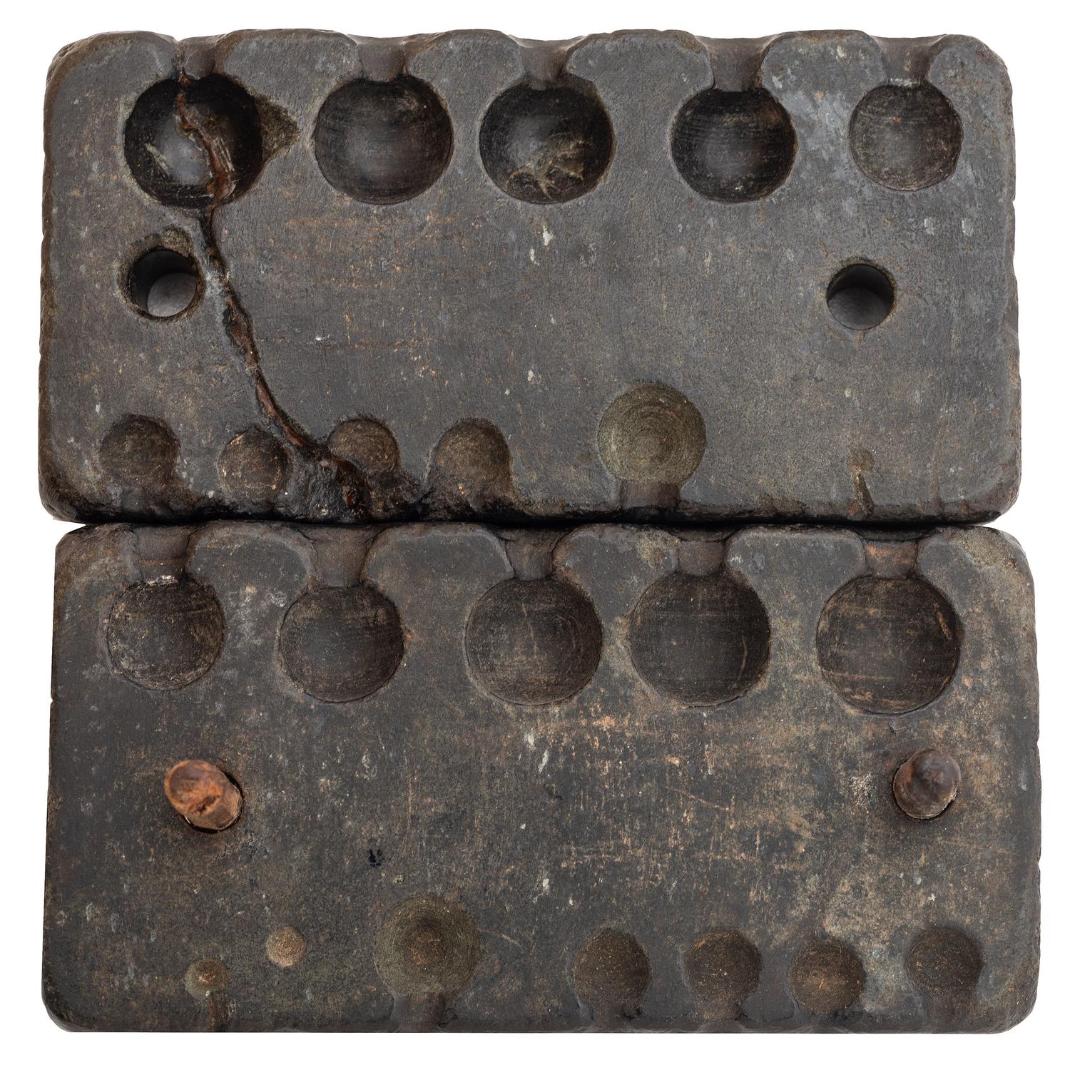 Two Folk Art Carved Priming Horns and Two Stone Bullet Molds