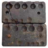 Two Folk Art Carved Priming Horns and Two Stone Bullet Molds