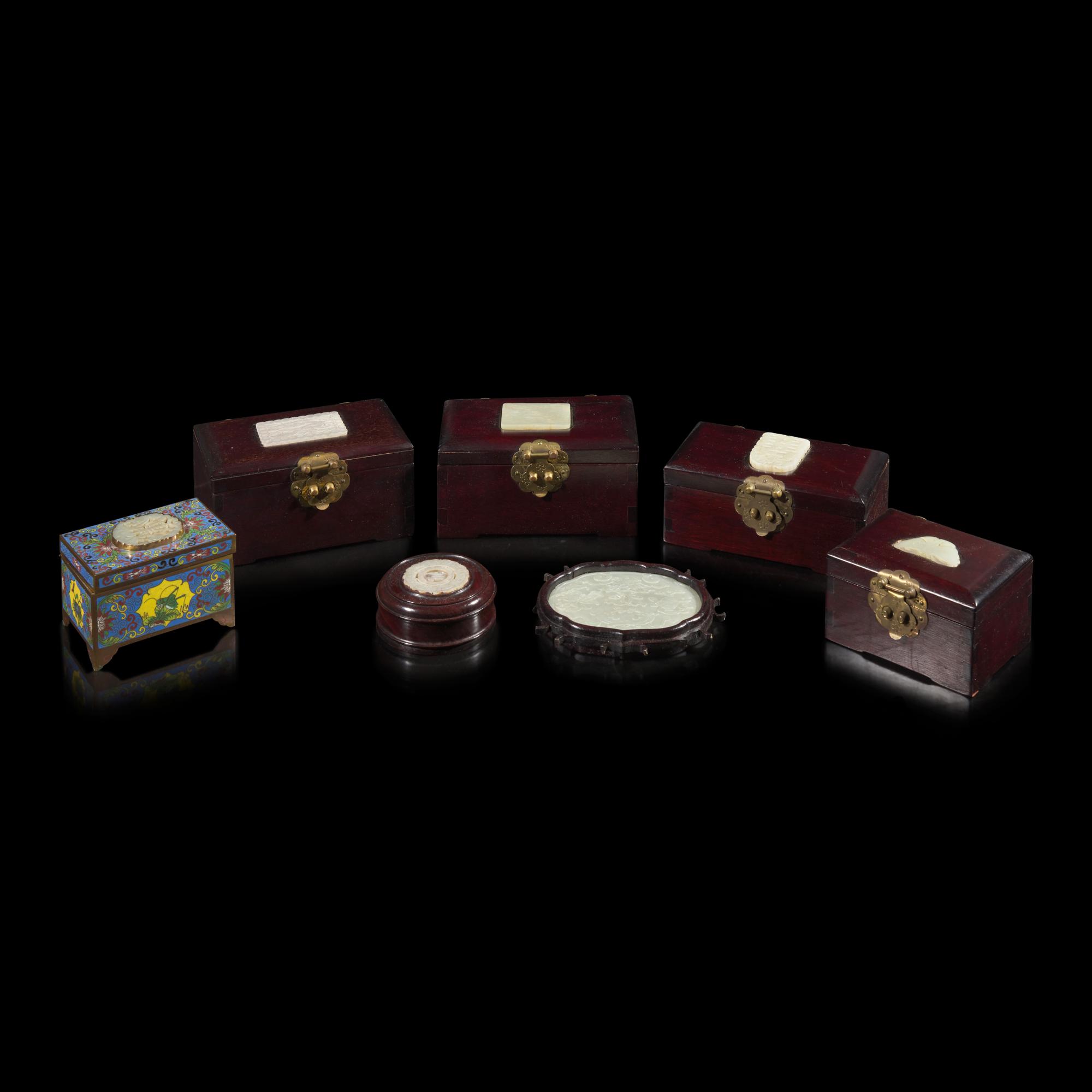 Seven Chinese Jade Inset Plaques and Boxes, Jade: 19th-Early 20th Century — 晚清-民國 掐絲琺琅、硬木嵌玉文房一組七件