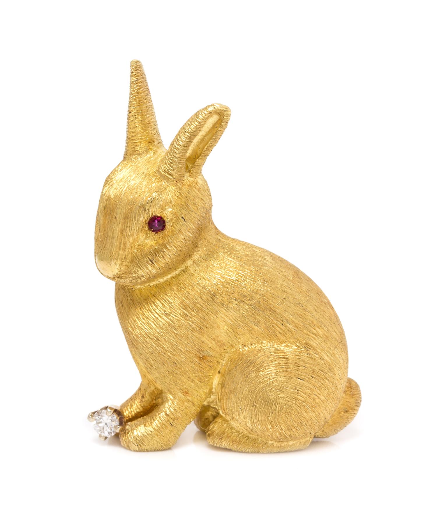 An 18 Karat Yellow Gold, Diamond and Ruby Bunny Brooch, 12.10 dwts.