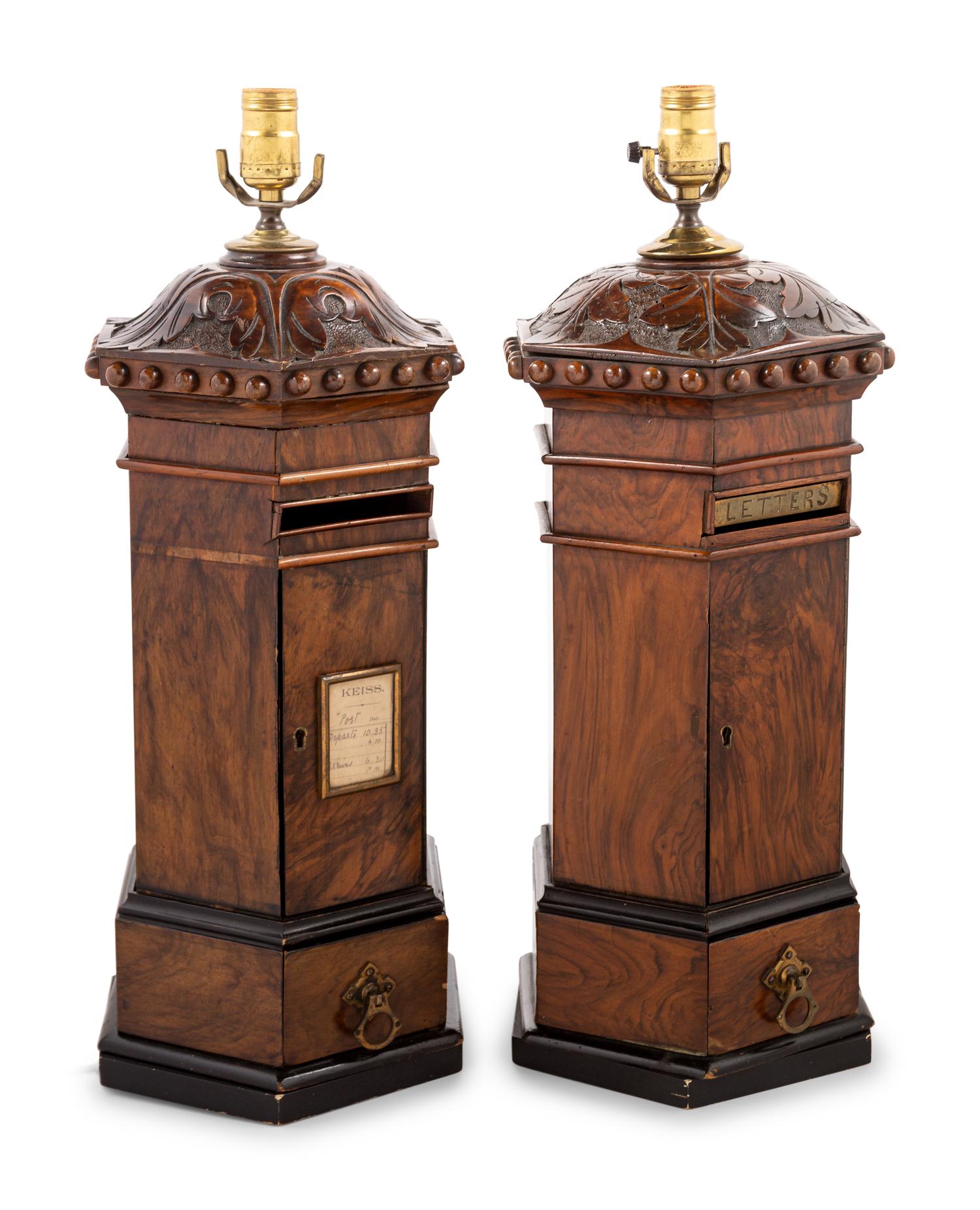 A Pair of English Mahogany Letterboxes Converted to Lamps