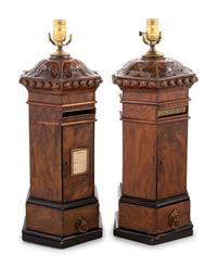 A Pair of English Mahogany Letterboxes Converted to Lamps
