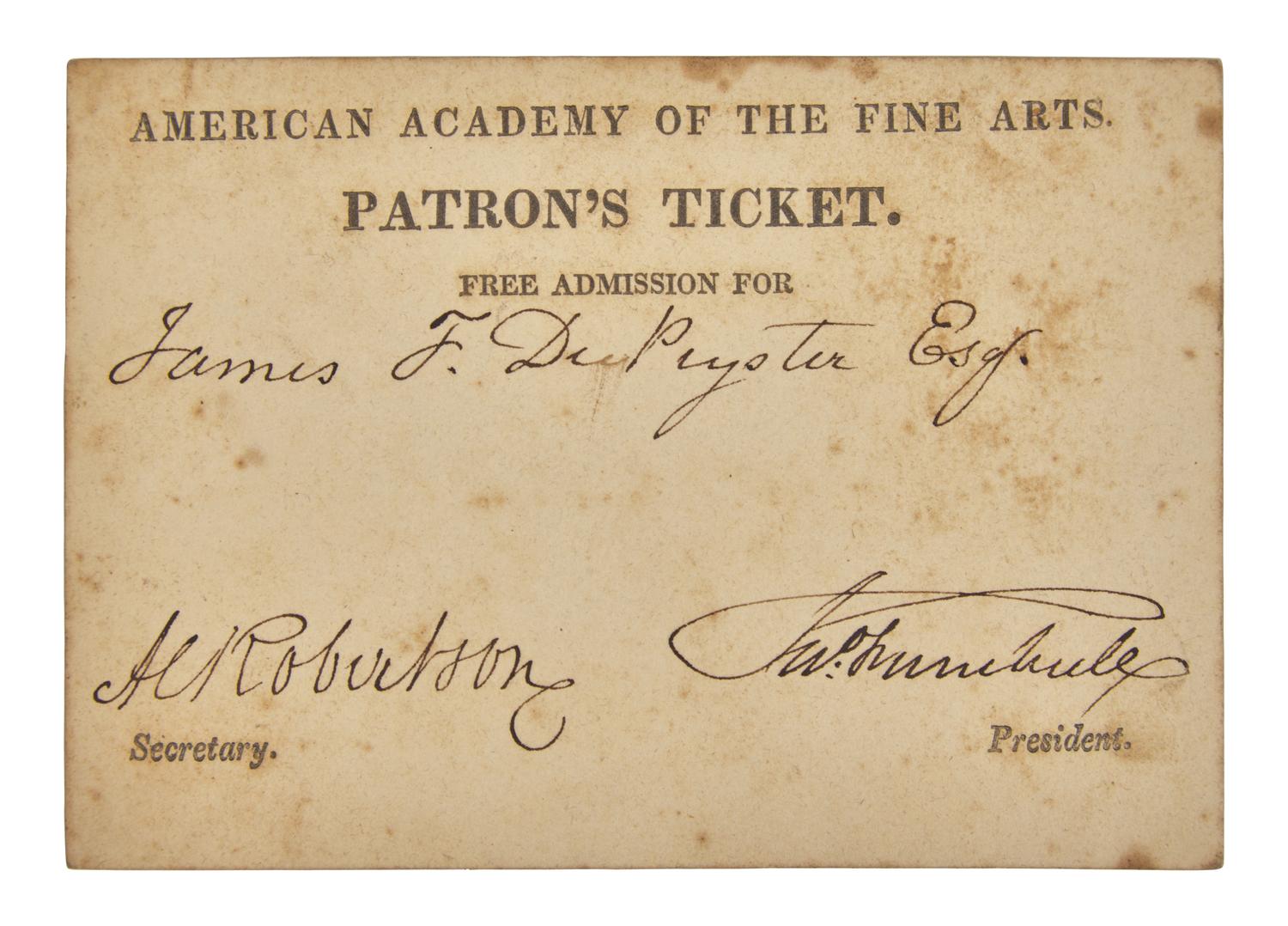 [Americana] Trumbull, John. Engraved Admission Ticket for the American Academy of the Fine Arts