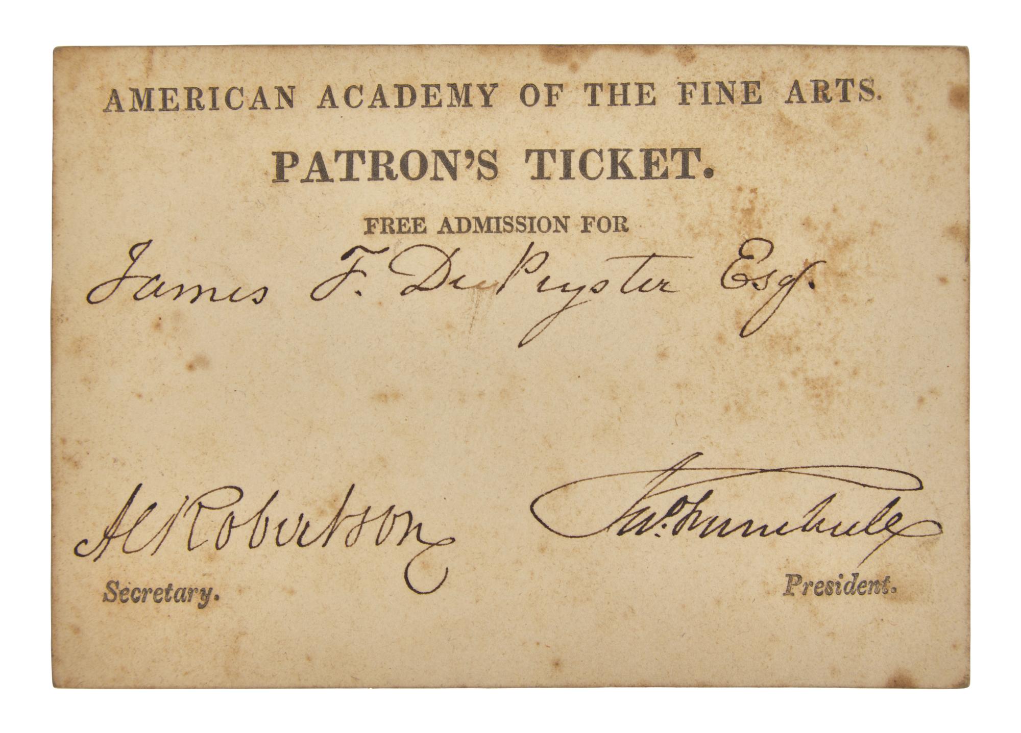 [Americana] Trumbull, John. Engraved Admission Ticket for the American Academy of the Fine Arts
