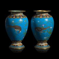 A Pair of Japanese Turquoise Ground Cloisonné 'Pheasant' Vases, Meiji Period