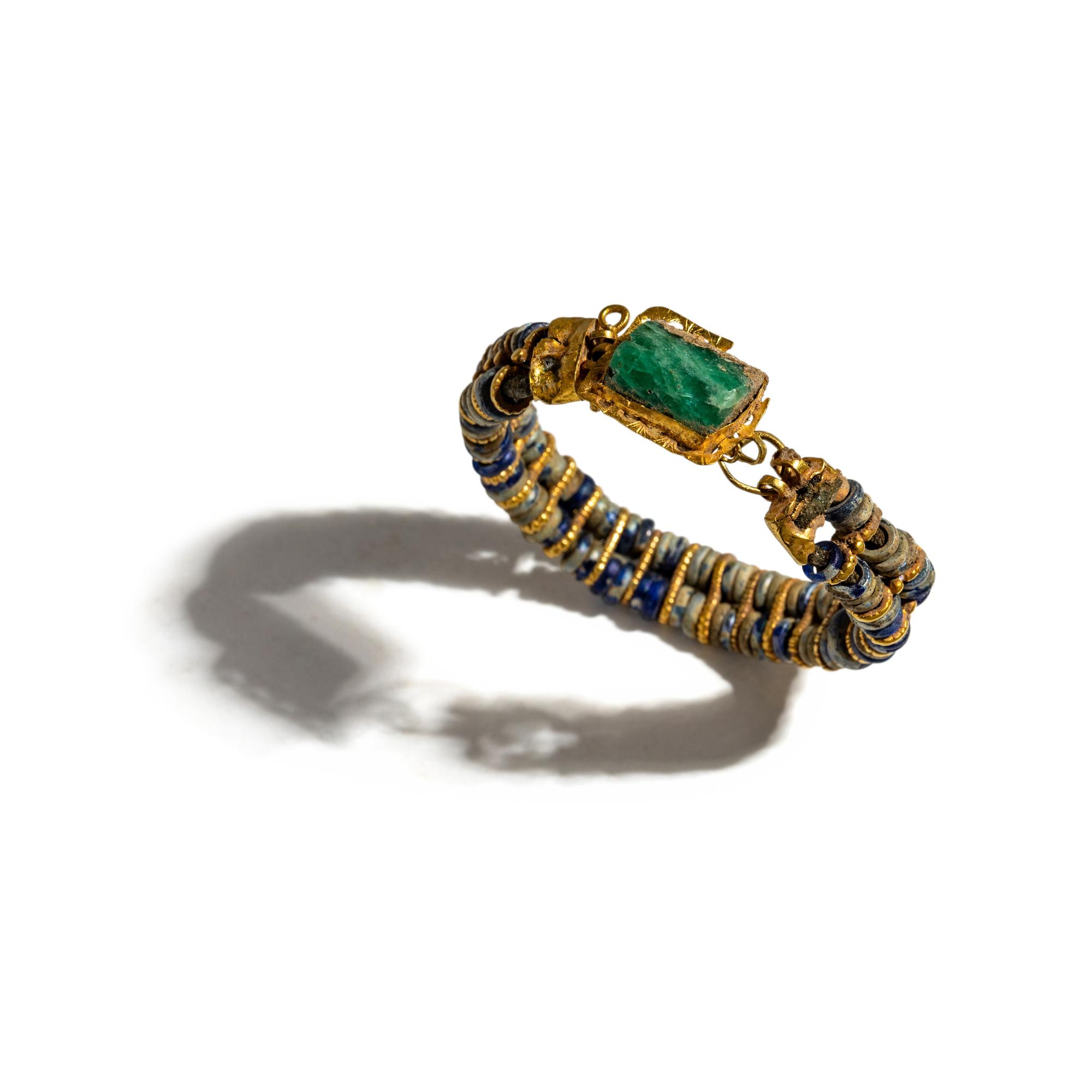 An East Roman Emerald, Gold, and Glass Bracelet