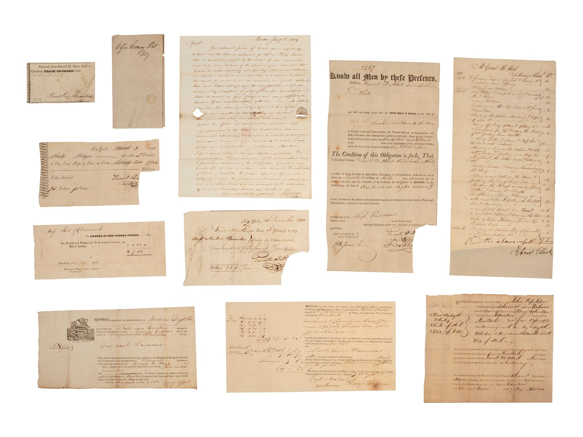 [AMERICANA - BUSINESS]. Ulster Iron Works manuscript archive, incl. documents, receipts, and other correspondence from Abeel & Dunscomb, New York City. Ca early 19th century.