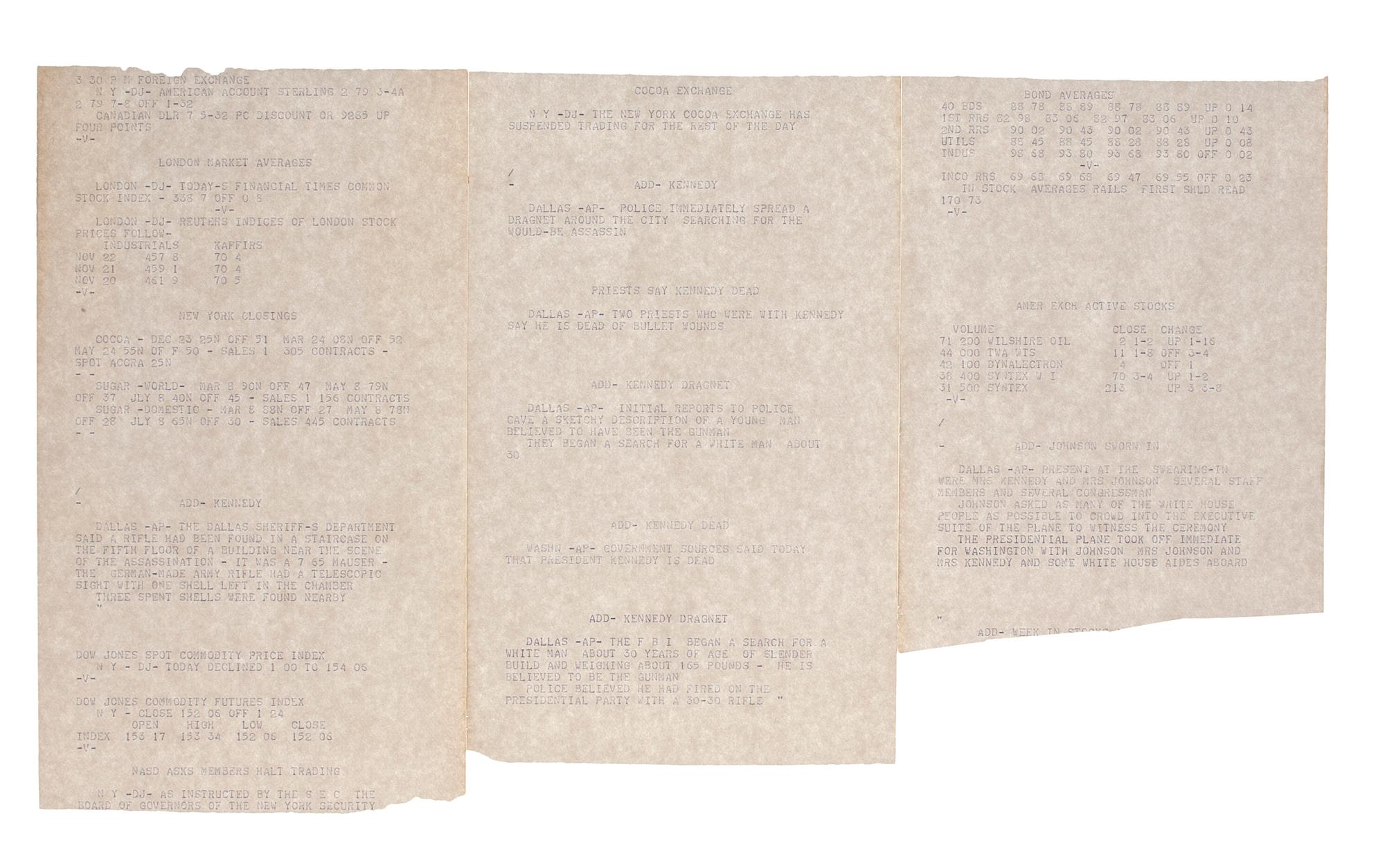 [KENNEDY, John F. (1917-1963)]. Kennedy assassination ticker tape news report. 22 November 1963.