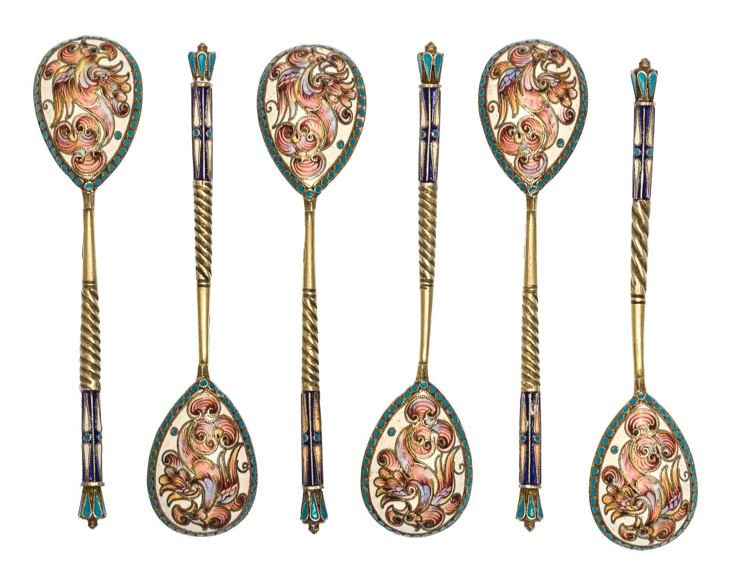 A Set of Six Russian Silver-Gilt and Enamel Demitasse Spoons, Mark of Vasiili Agafonov, kokoshnik mark of Ivan Lebedkin, Moscow, late 1