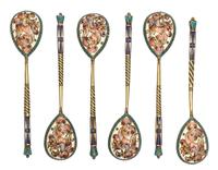A Set of Six Russian Silver-Gilt and Enamel Demitasse Spoons, Mark of Vasiili Agafonov, kokoshnik mark of Ivan Lebedkin, Moscow, late 1