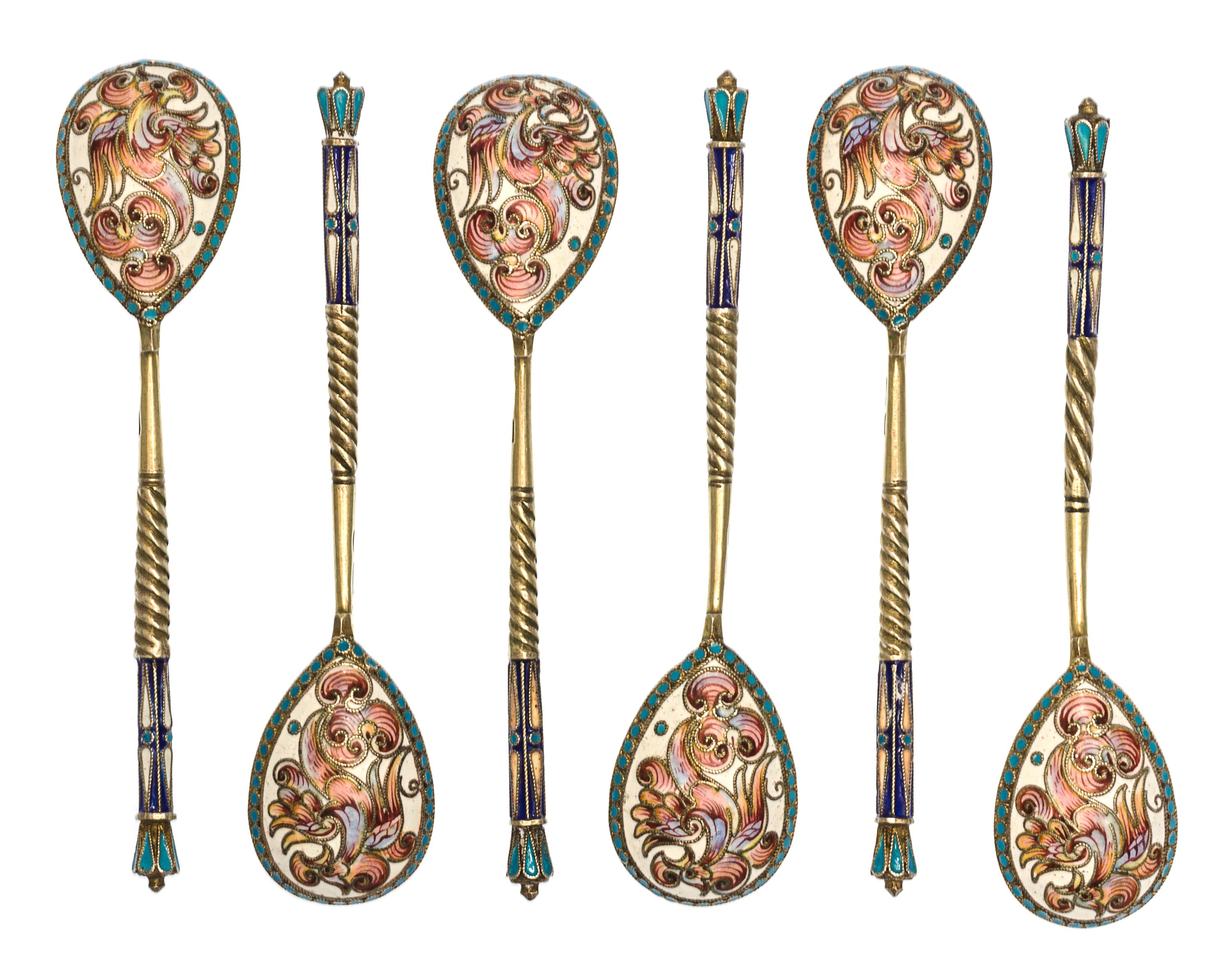 A Set of Six Russian Silver-Gilt and Enamel Demitasse Spoons, Mark of Vasiili Agafonov, kokoshnik mark of Ivan Lebedkin, Moscow, late 1