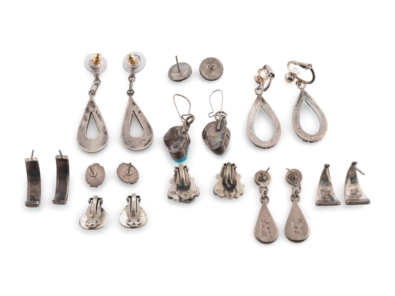Navajo and Zuni Silver Earrings, with Inlay