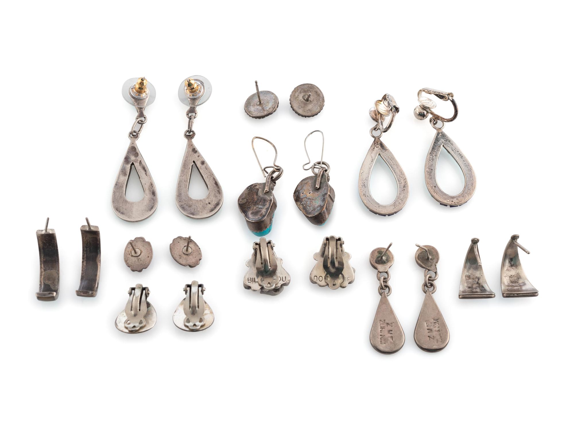 Navajo and Zuni Silver Earrings, with Inlay