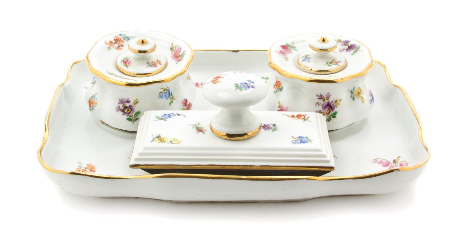 A Meissen Porcelain Desk Set, Width of tray 8 1/2 inches.