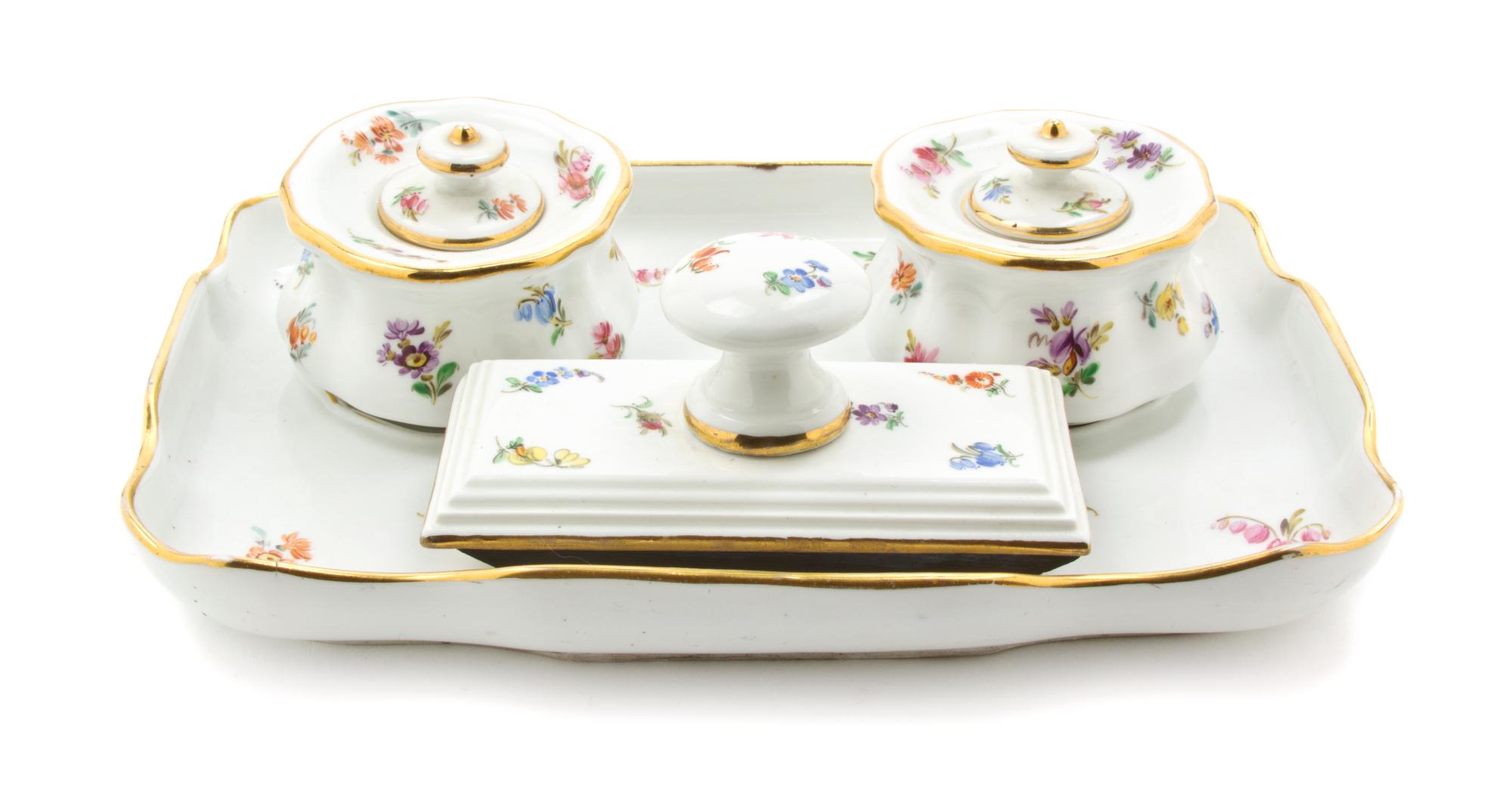 A Meissen Porcelain Desk Set, Width of tray 8 1/2 inches.