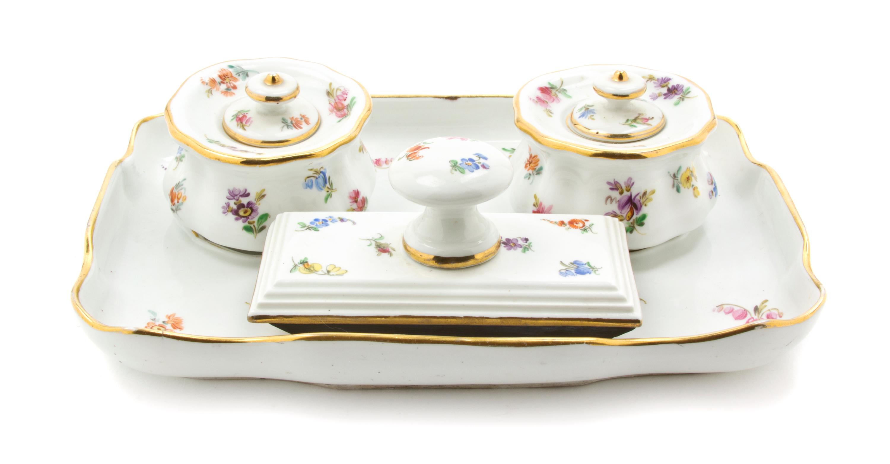 A Meissen Porcelain Desk Set, Width of tray 8 1/2 inches.
