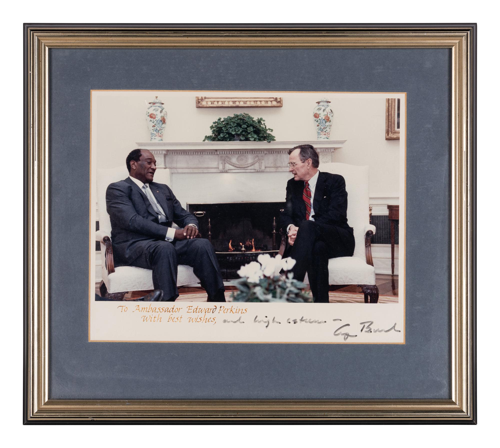 [PERKINS, Edward Joseph (1928-2020)]. A group of 9 documents or photographs by Presidents Nixon, Reagan, or Bush to Perkins, presumably with secretarial or facsimile signatures, including: