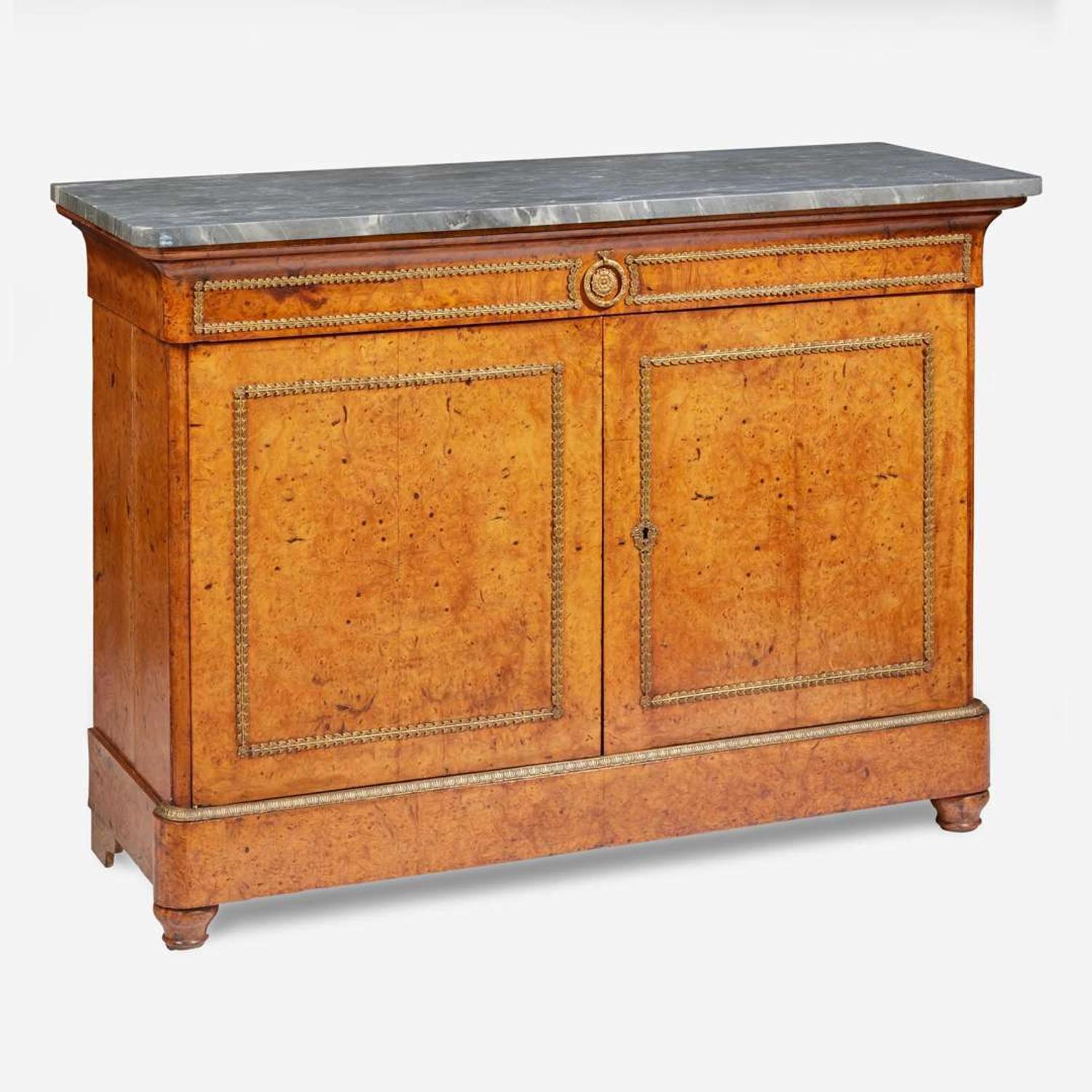 A Charles X gilt bronze-mounted pollard oak side cabinet with Saint Anne marble top circa 1820