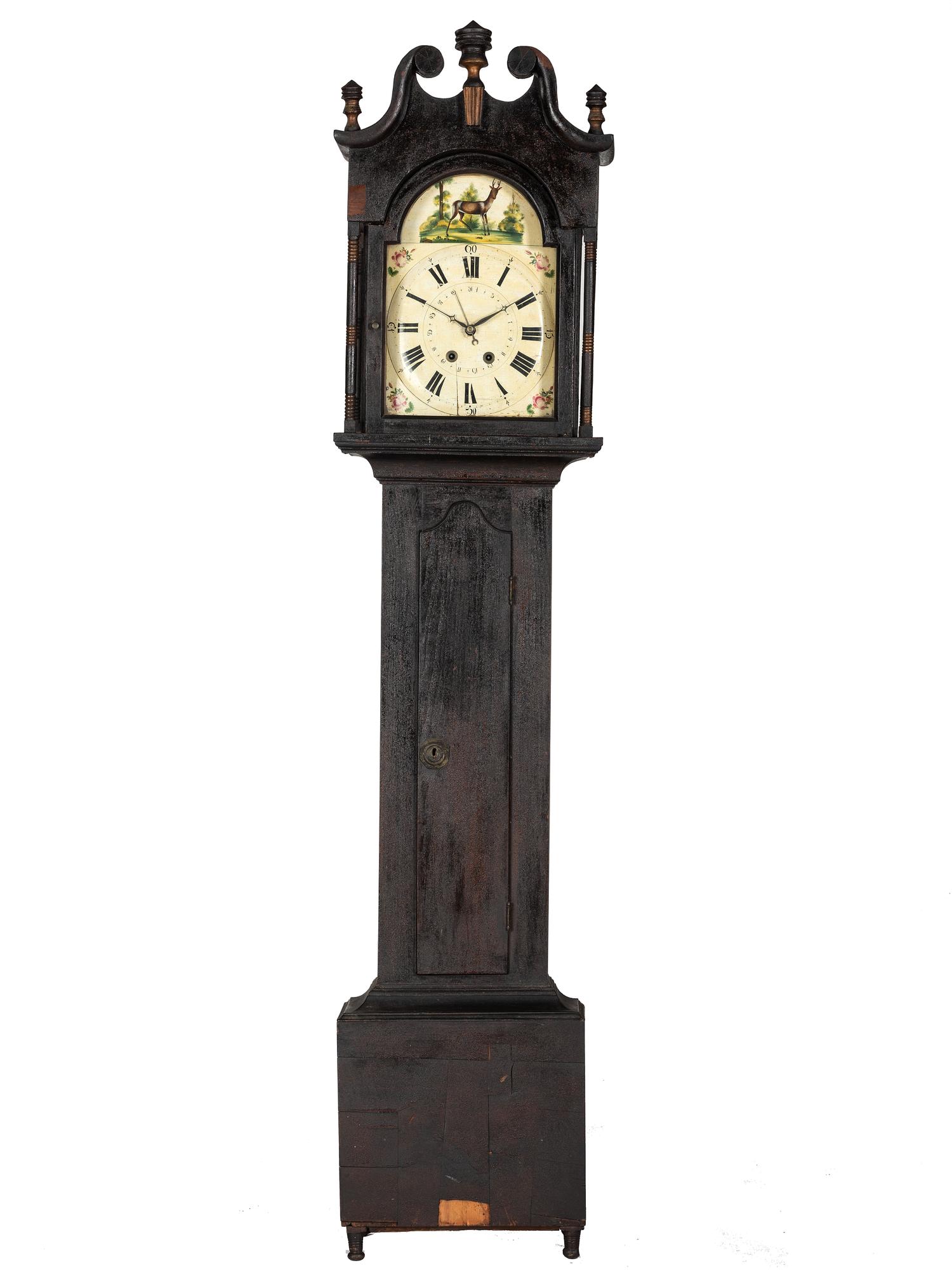 A Classical Black Paint and Parcel Gilt Decorated Tall Case Clock
