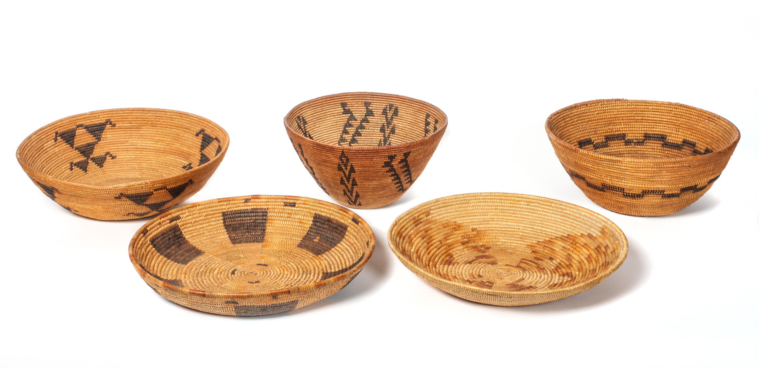 Five California Mission Baskets Height of largest 4 x diameter 12 3/4 inches