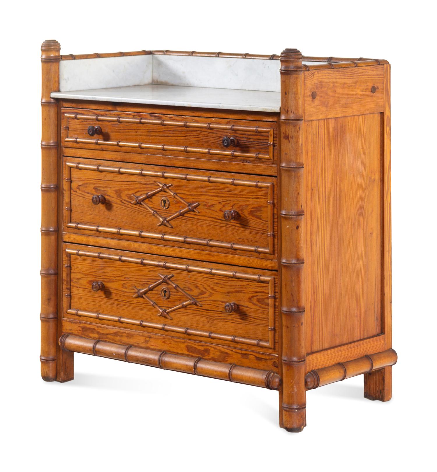 A Victorian Bamboo-Carved Pine Marble-Top Chest of Drawers
