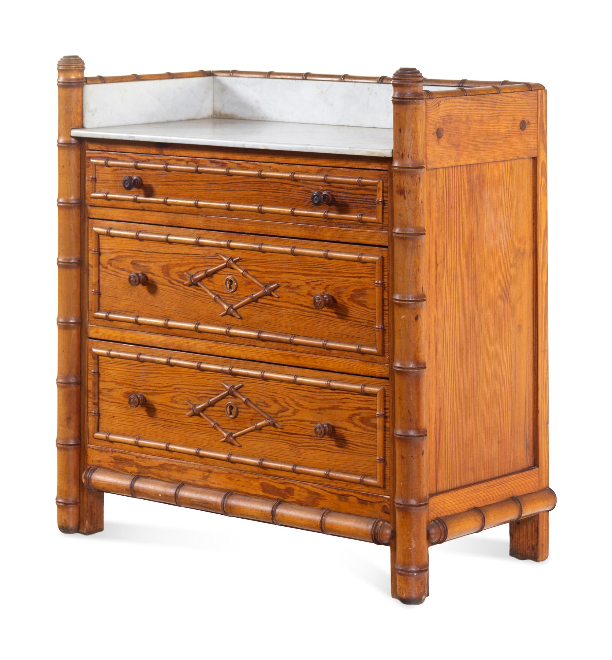 A Victorian Bamboo-Carved Pine Marble-Top Chest of Drawers