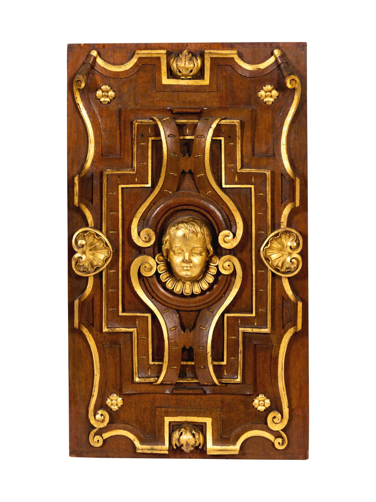 Six Italian Carved Walnut and Parcel Gilt Panels