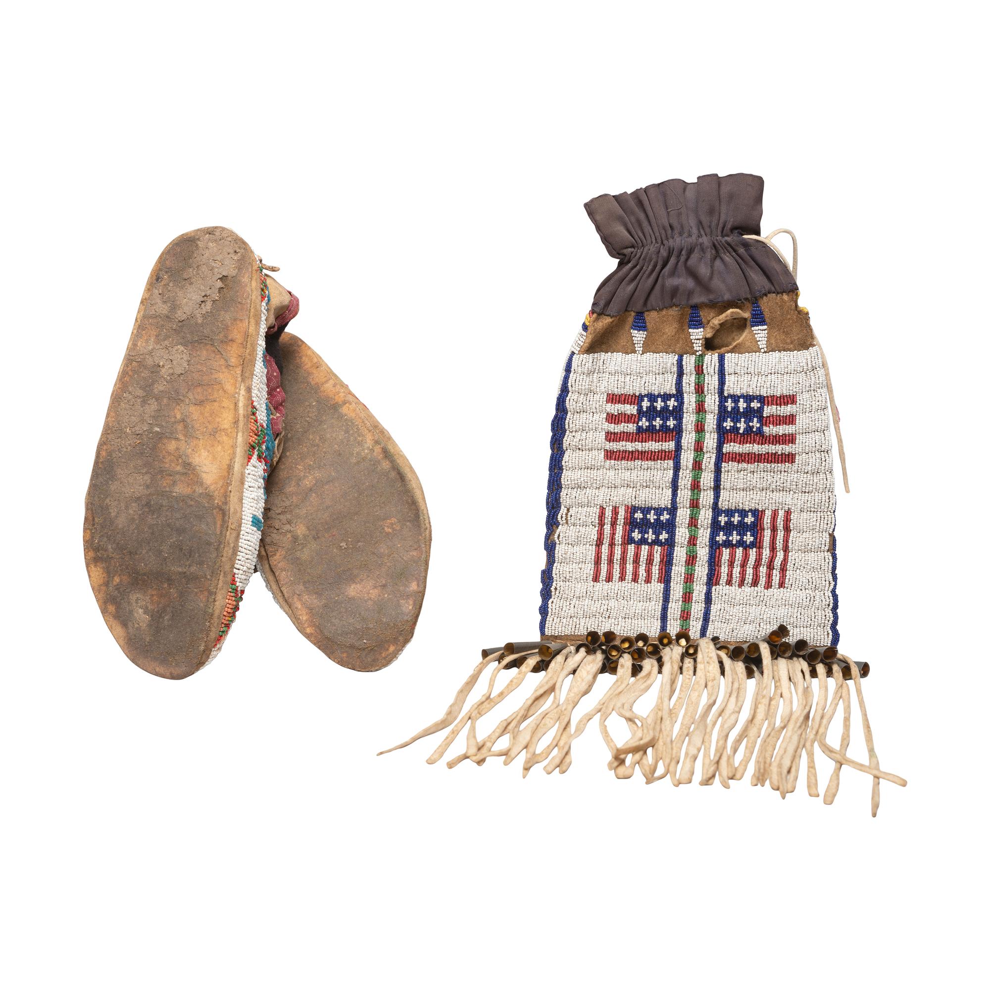 Sioux Beaded Moccasins AND Bag with American Flags