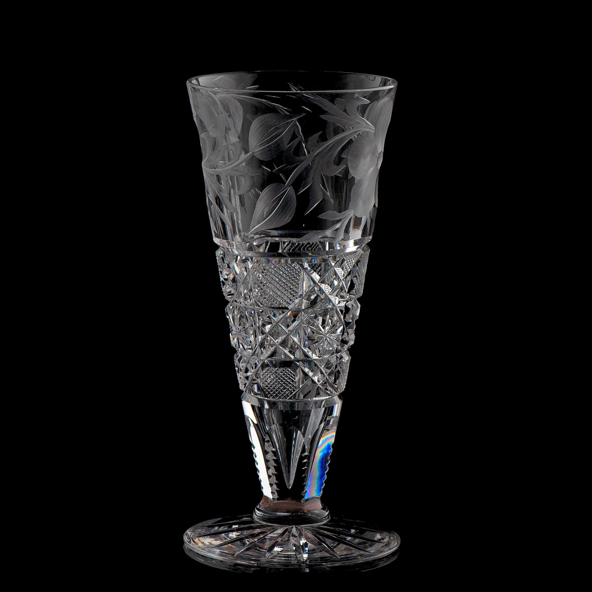 Six Tuthill "Harvard" Cut Glass Flutes with Primroses, in Two Sizes