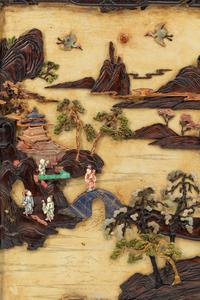 A Pair of Chinese Export Hardstone and Partial Lacquered Carved Wood Panels