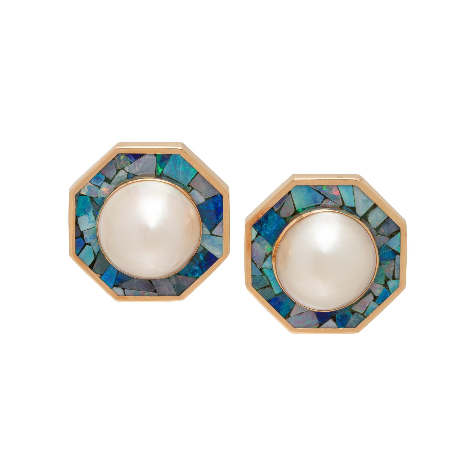 CULTURED MABE PEARL AND OPAL INLAY EARCLIPS