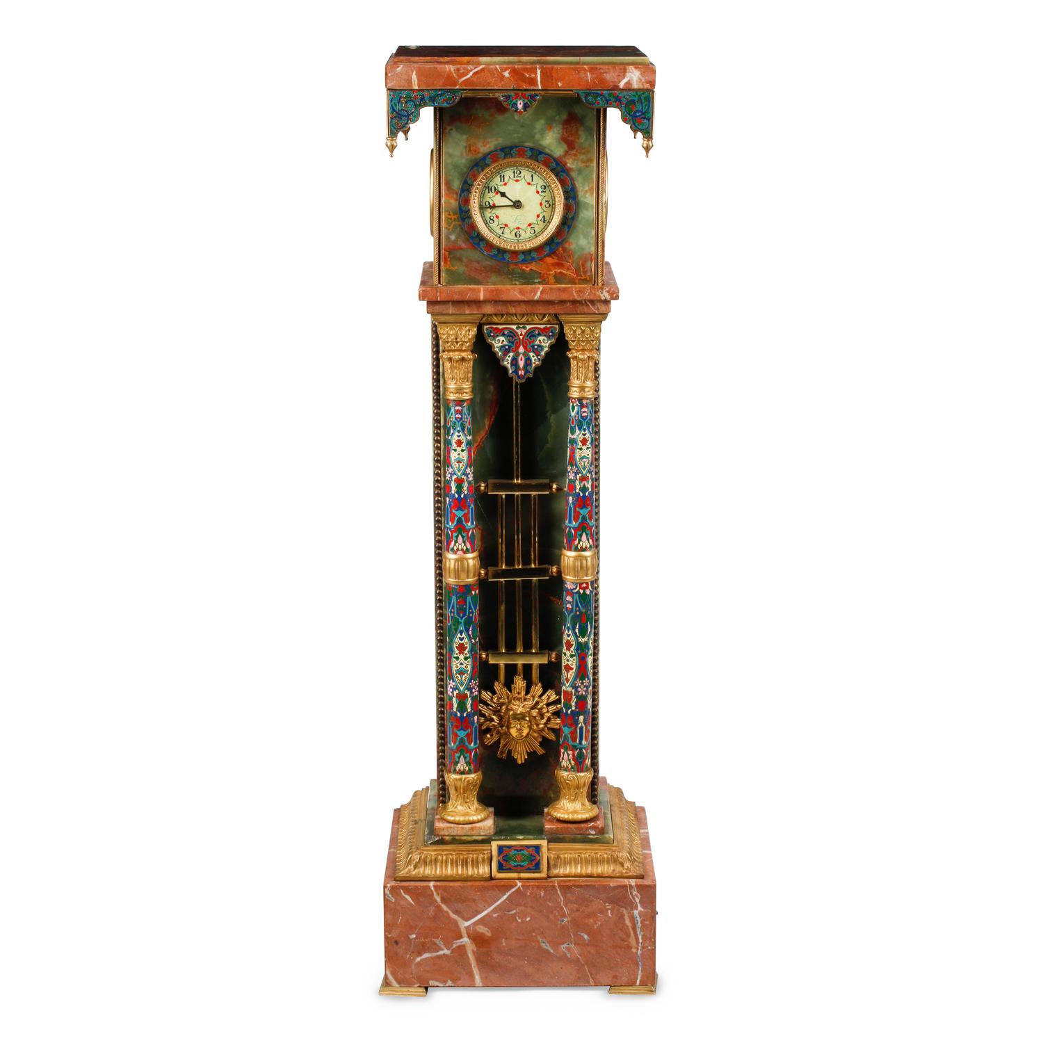 A French Onyx, Marble, Gilt Bronze and Champlevé Clock Pedestal