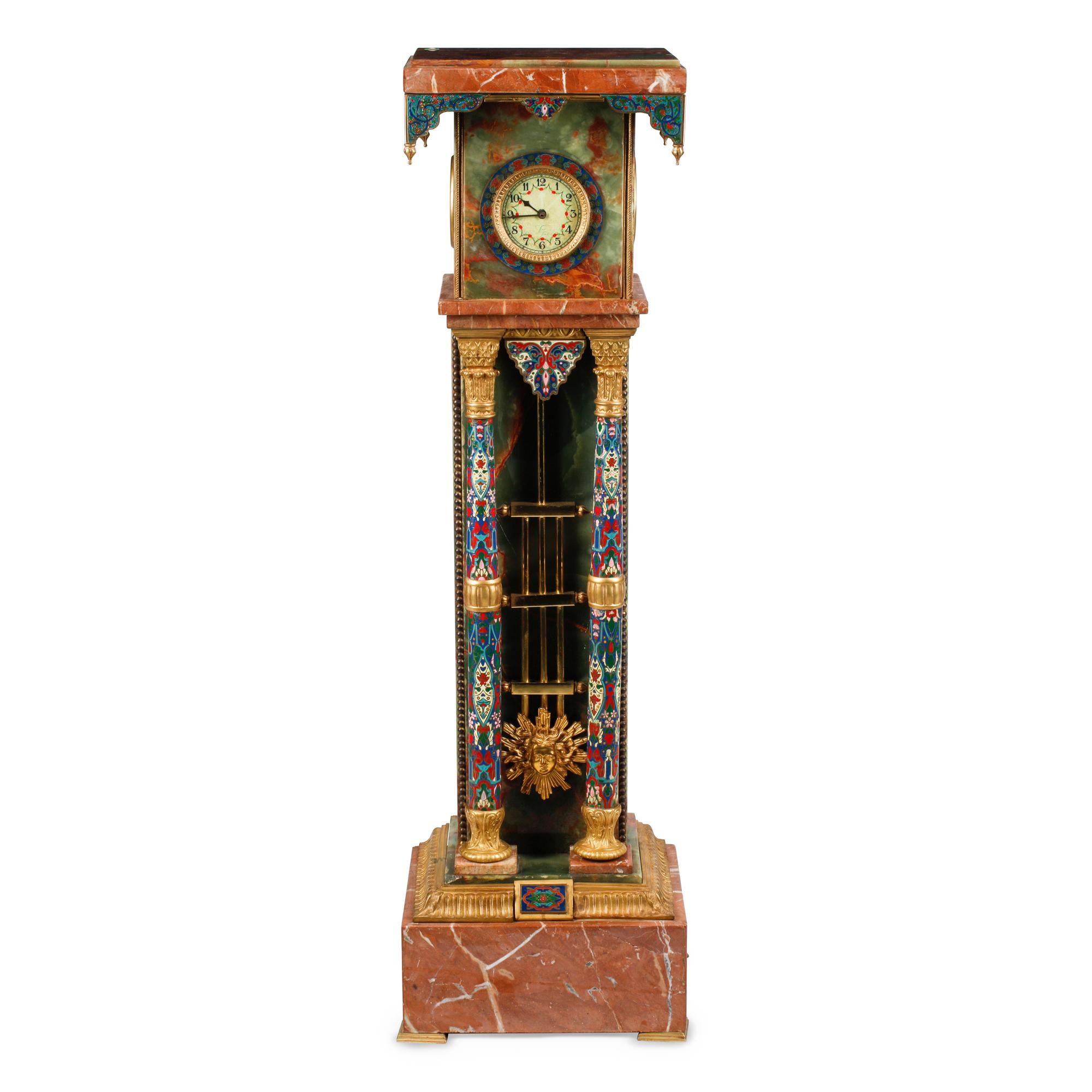 A French Onyx, Marble, Gilt Bronze and Champlevé Clock Pedestal