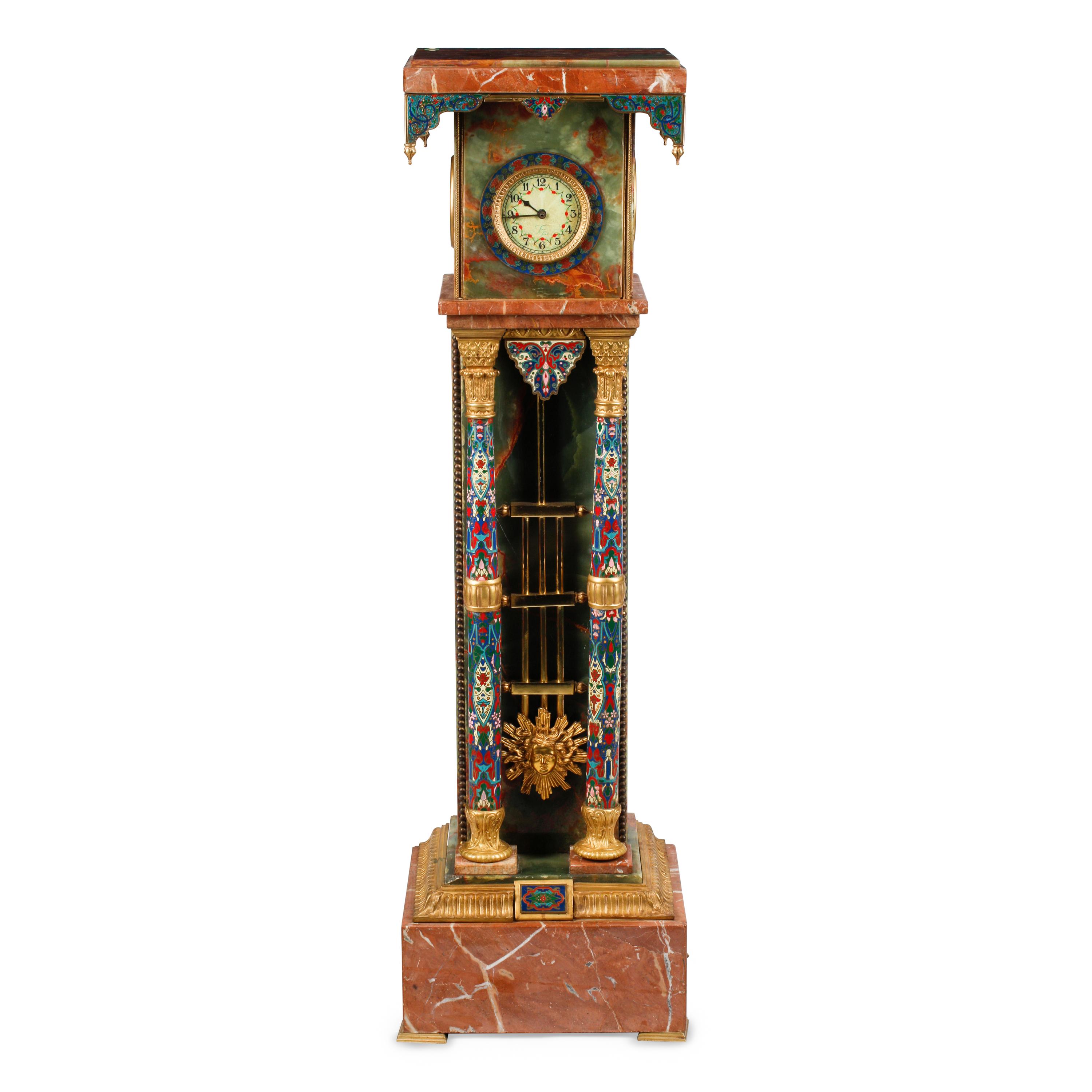 A French Onyx, Marble, Gilt Bronze and Champlevé Clock Pedestal
