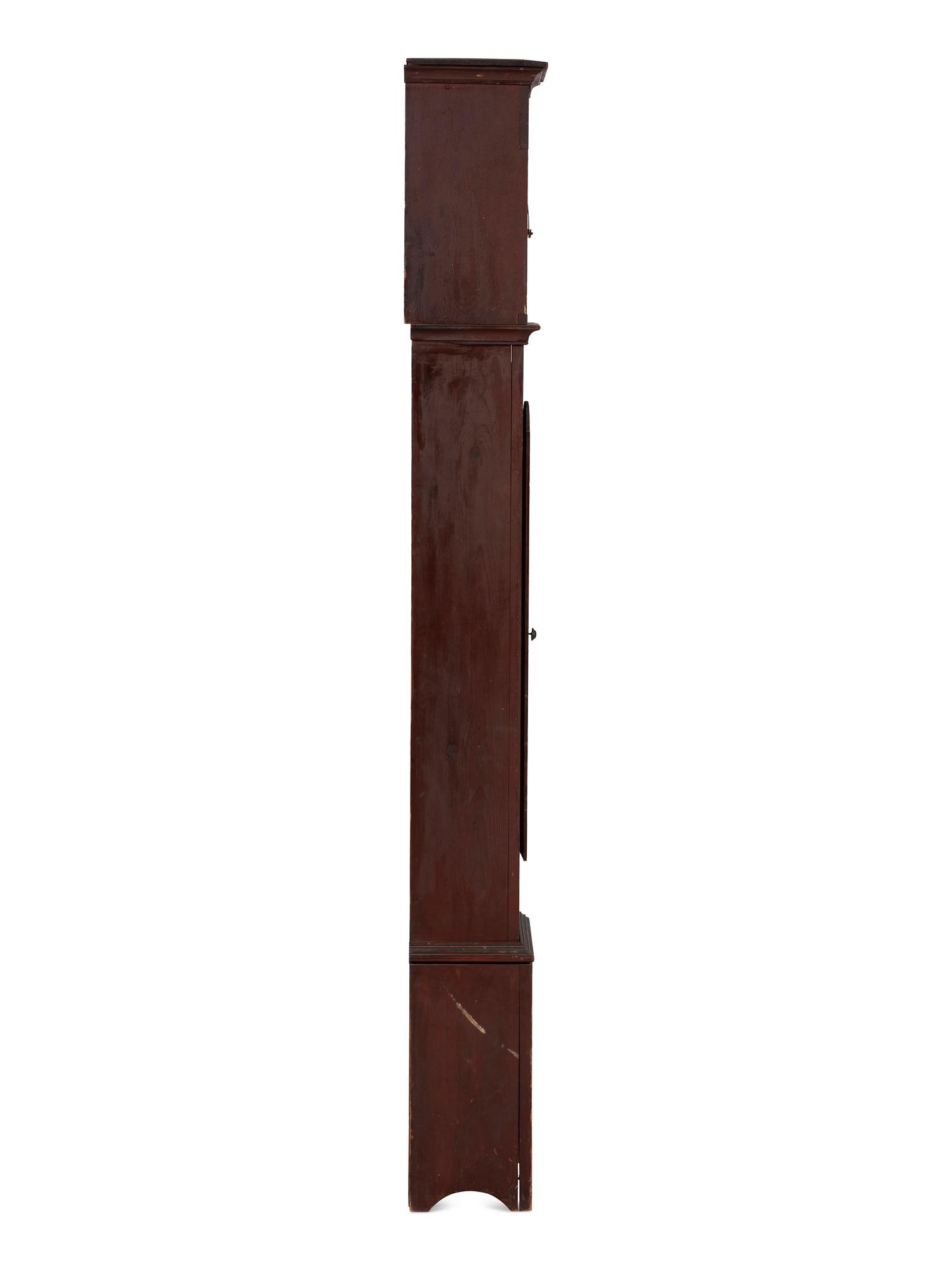 A Country Chippendale Red Painted Pine Wooden Works Tall Case Clock