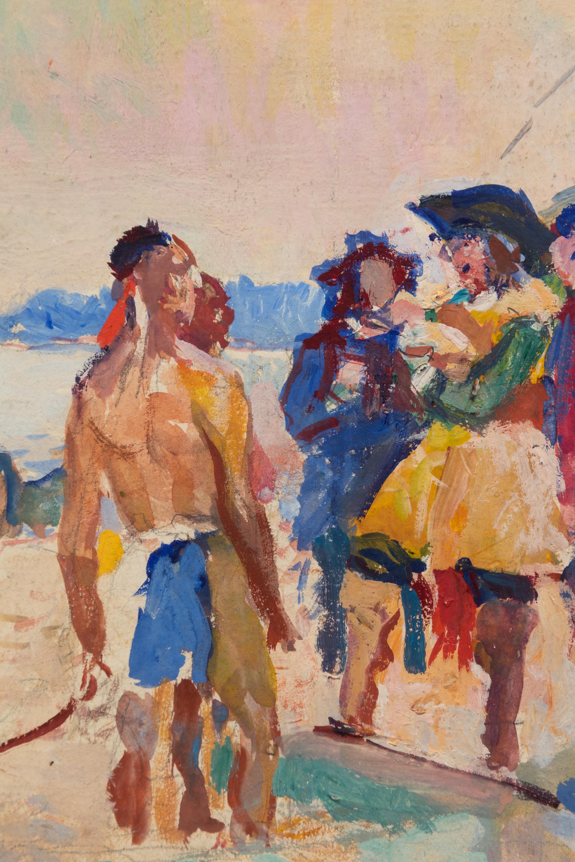 Two Indians and Three Settlers at a River