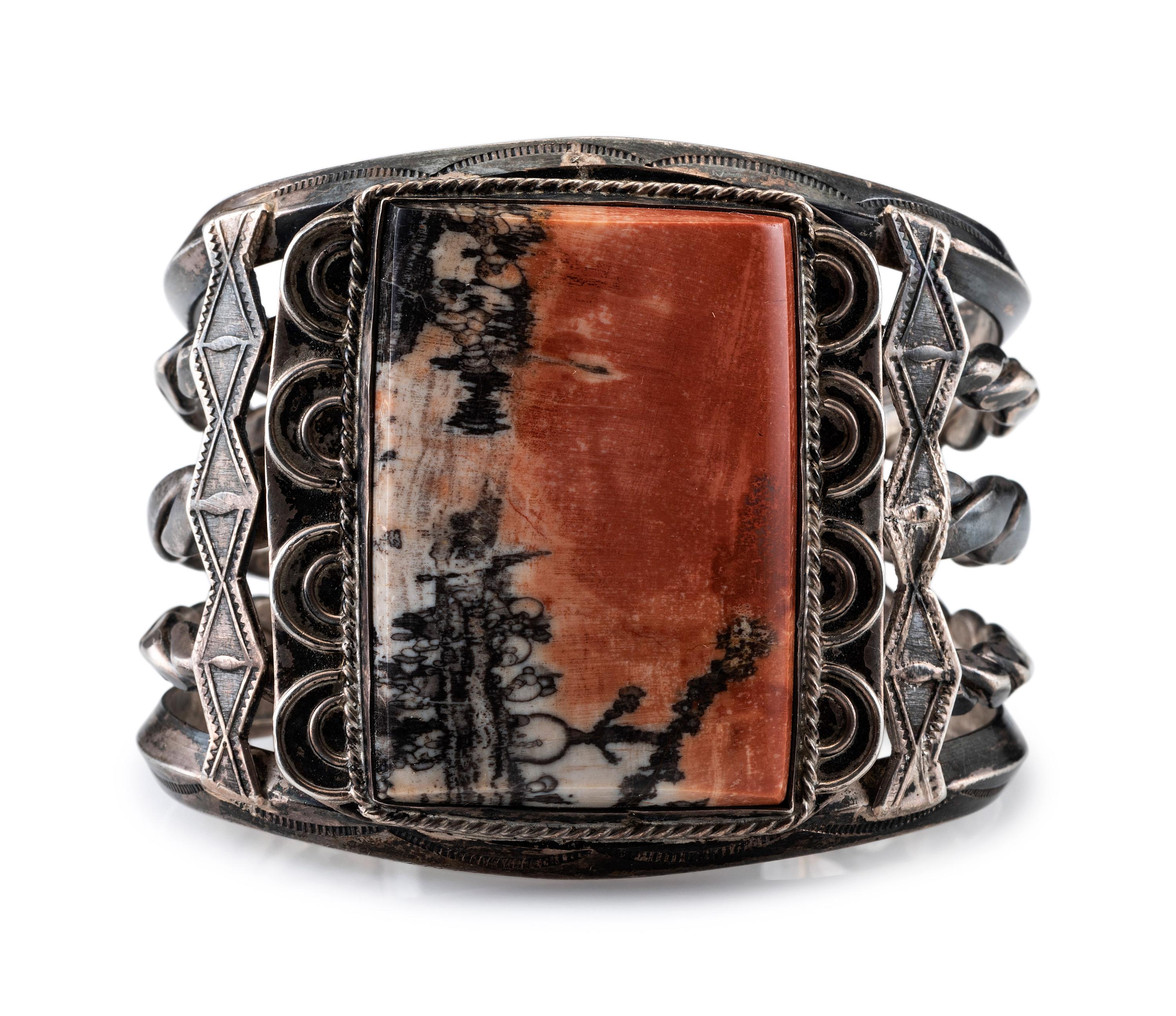 Navajo Silver and Petrified Wood Cuff Bracelet