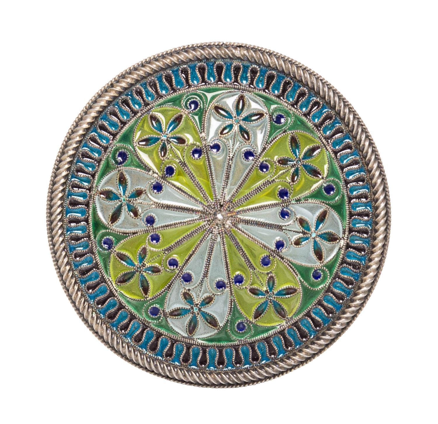 A Norwegian Plique a Jour Box, Marius Hammer, Bergen, 20th Century, of cylindrical form with polychrome floral decoration.