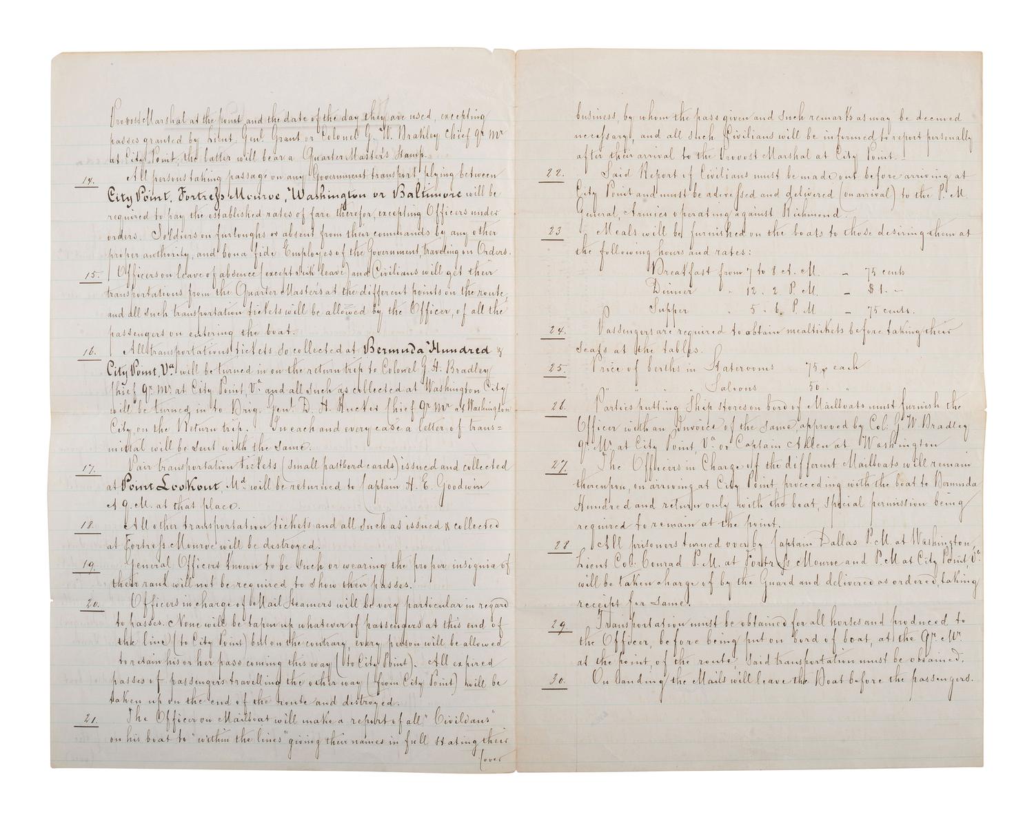 [STEAMSHIPS]. Memorandum Orders on mail steamers plying between Bermuda Hundred, Washington DC.