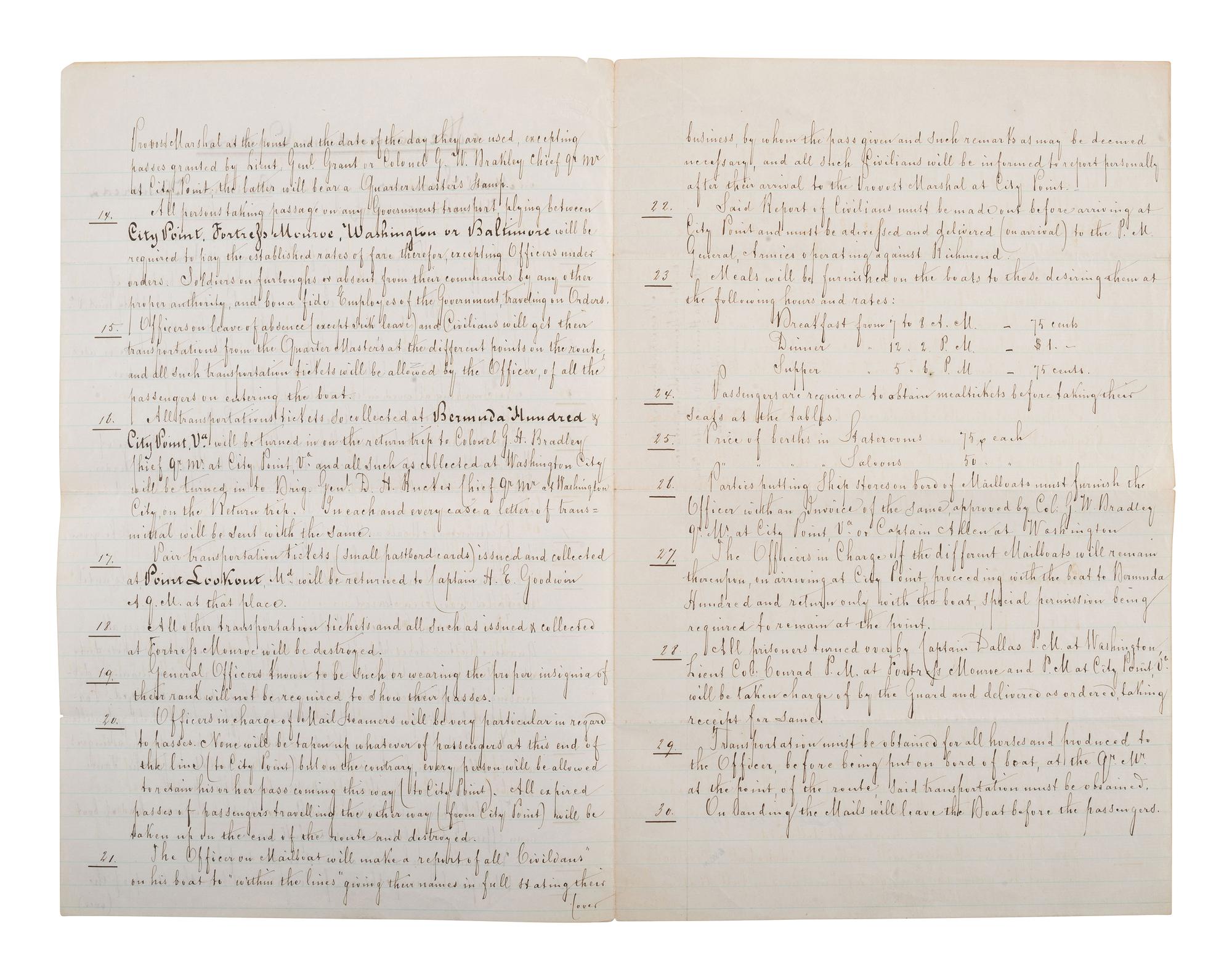 [STEAMSHIPS]. Memorandum Orders on mail steamers plying between Bermuda Hundred, Washington DC.