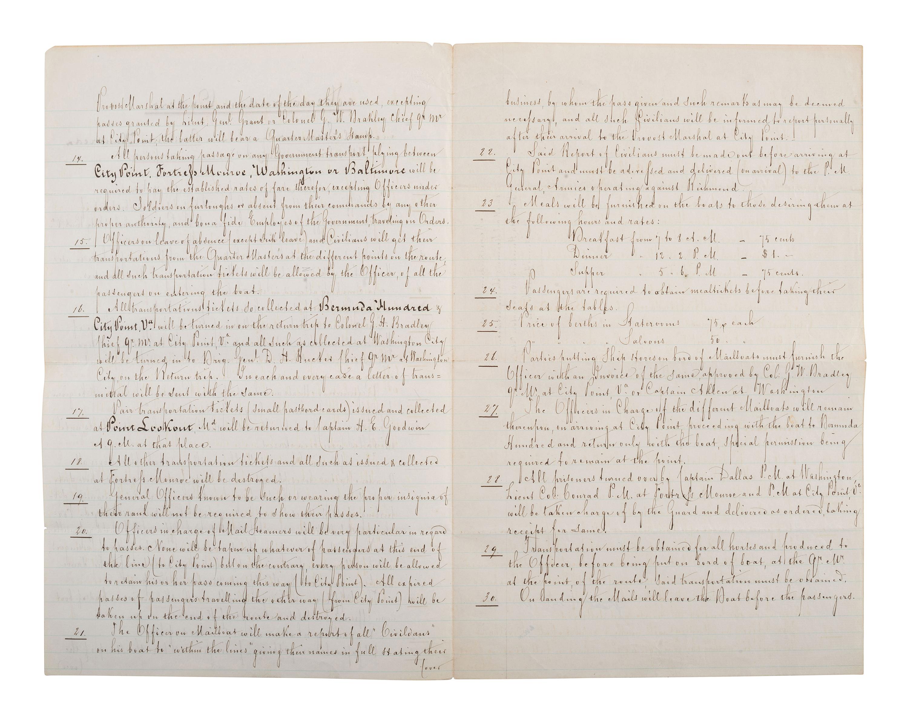 [STEAMSHIPS]. Memorandum Orders on mail steamers plying between Bermuda Hundred, Washington DC.