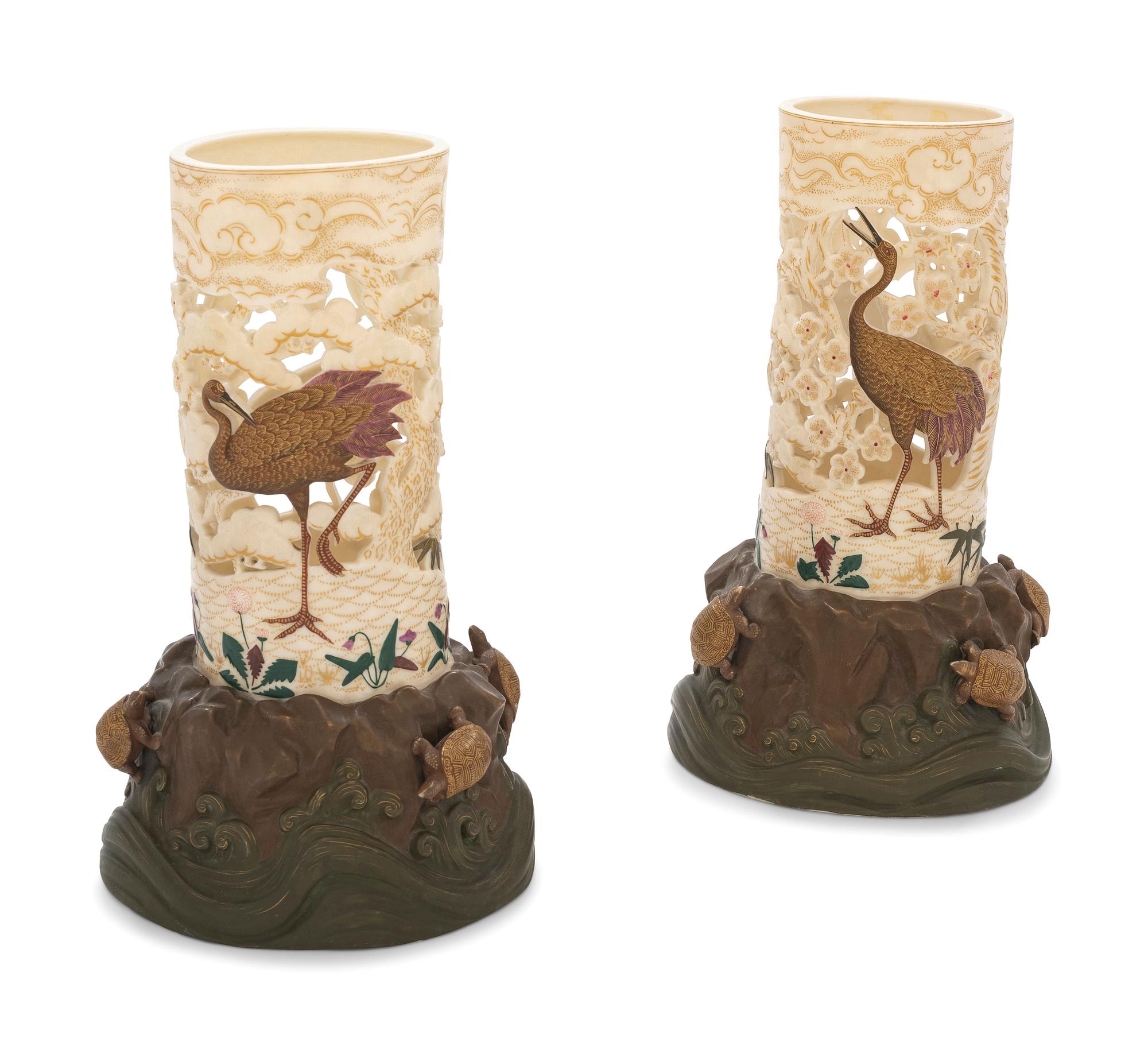 A Pair of Royal Worcester Aesthetic Movement Parcel Gilt Porcelain Vases