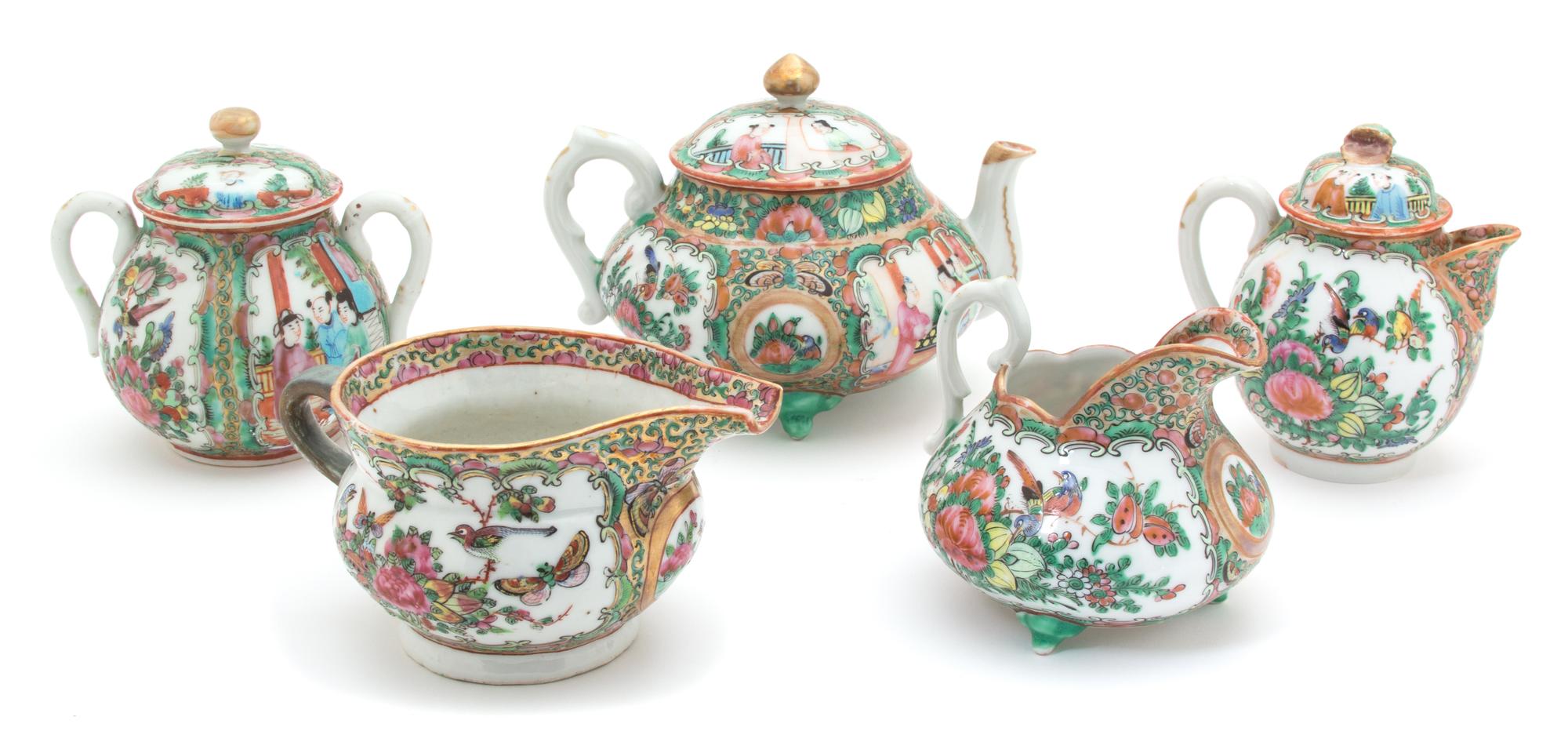 A Rose Medallion Porcelain Tea Service Height of largest 5 inches. — 19TH CENTURY