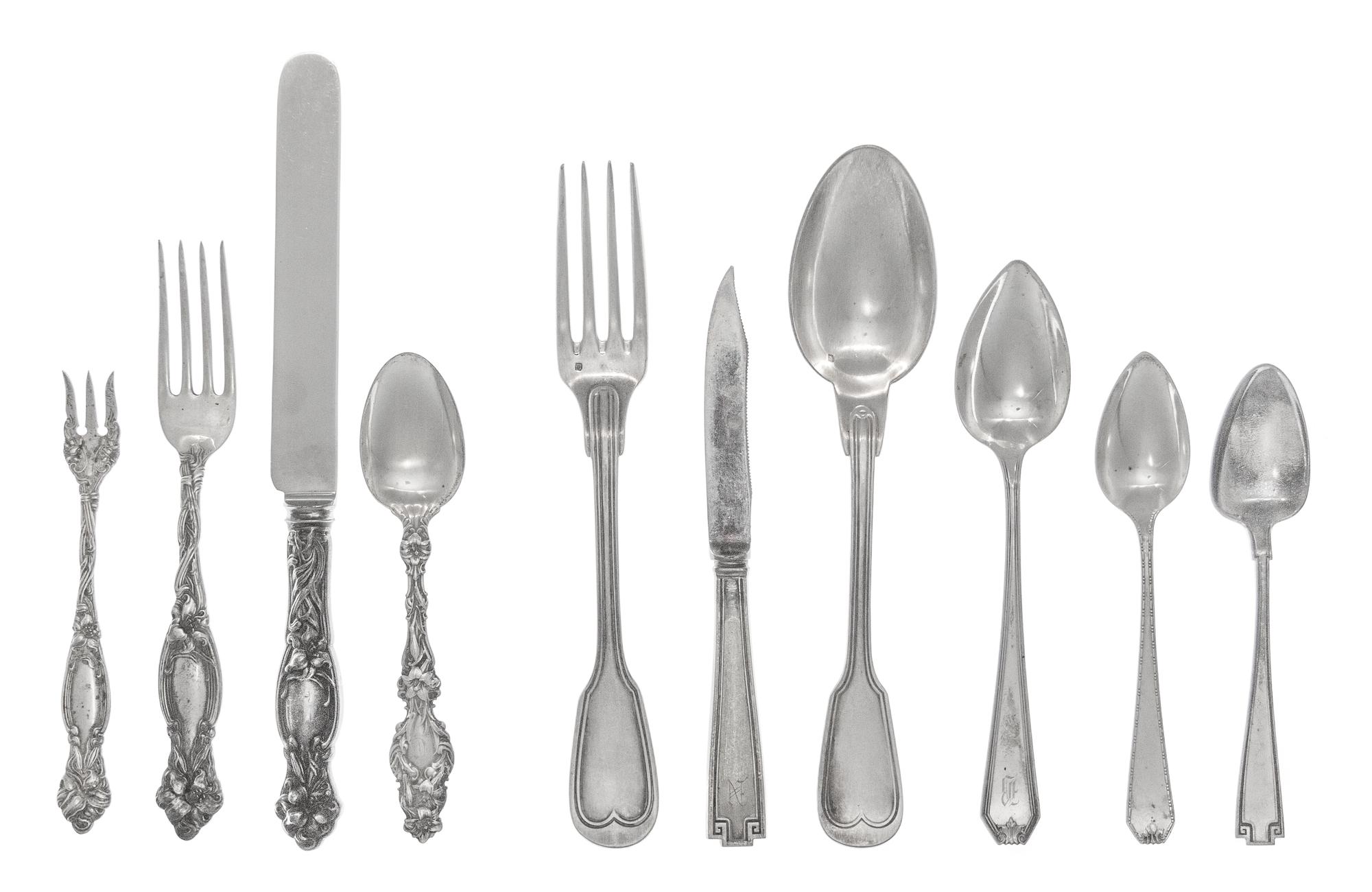 A Collection of American Silver and Silver-Plate Flatware Articles, Various Makers and Patterns, comprising: 27 dinner forks 23 dinner