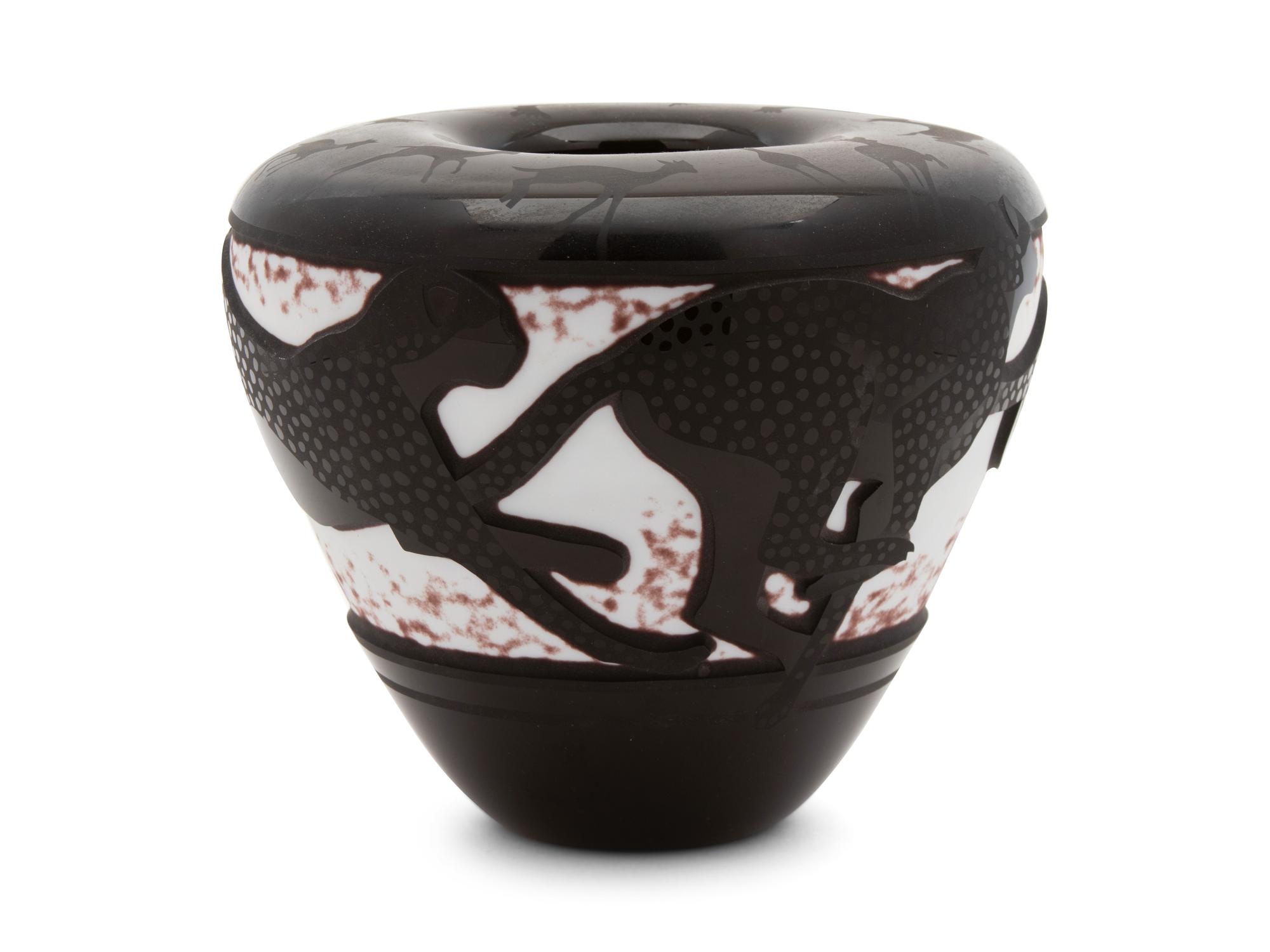 A Valerie Surjan Cameo Glass Cheetah Vase — 20TH CENTURY